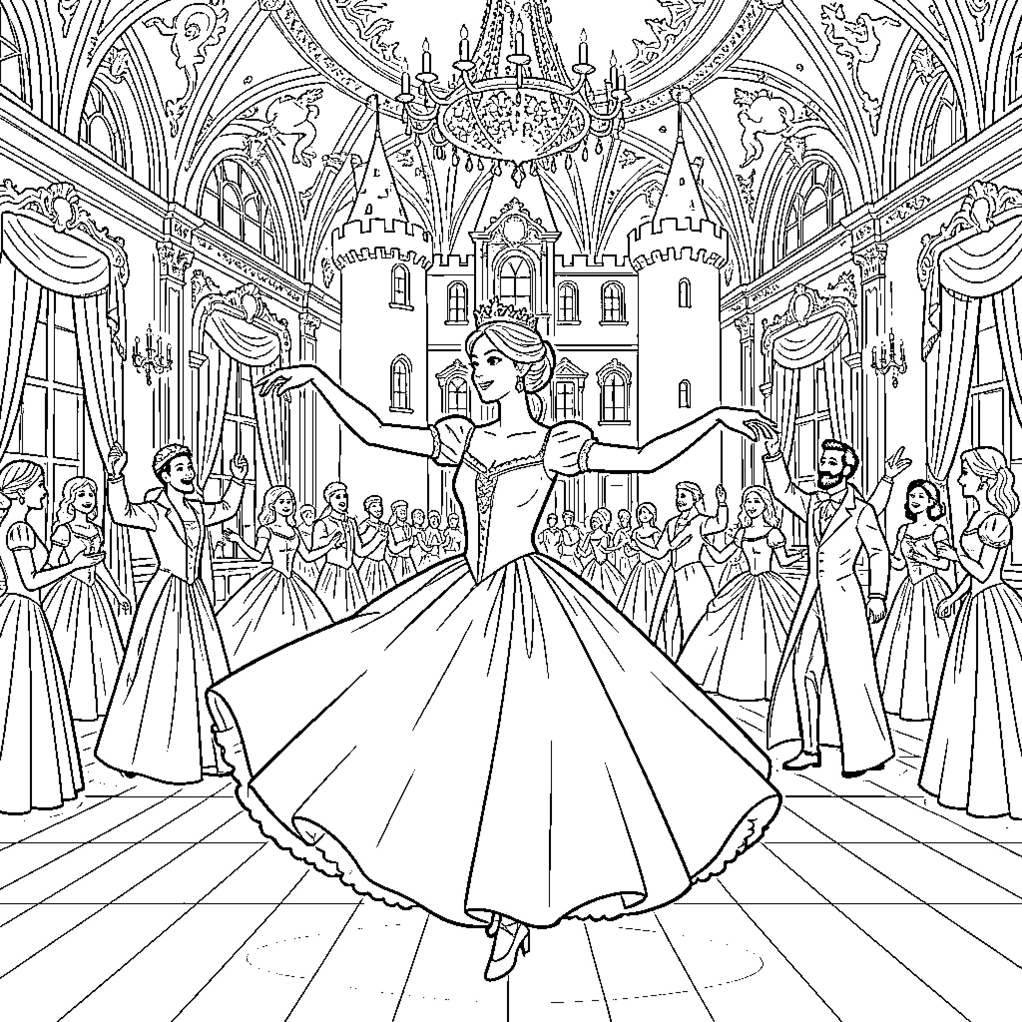 Princess dancing gracefully in a grand ballroom Coloring Page (free black-and-white line drawing printable PDF for all, from beginners to advanced learners, including children, teens, adults, and seniors)