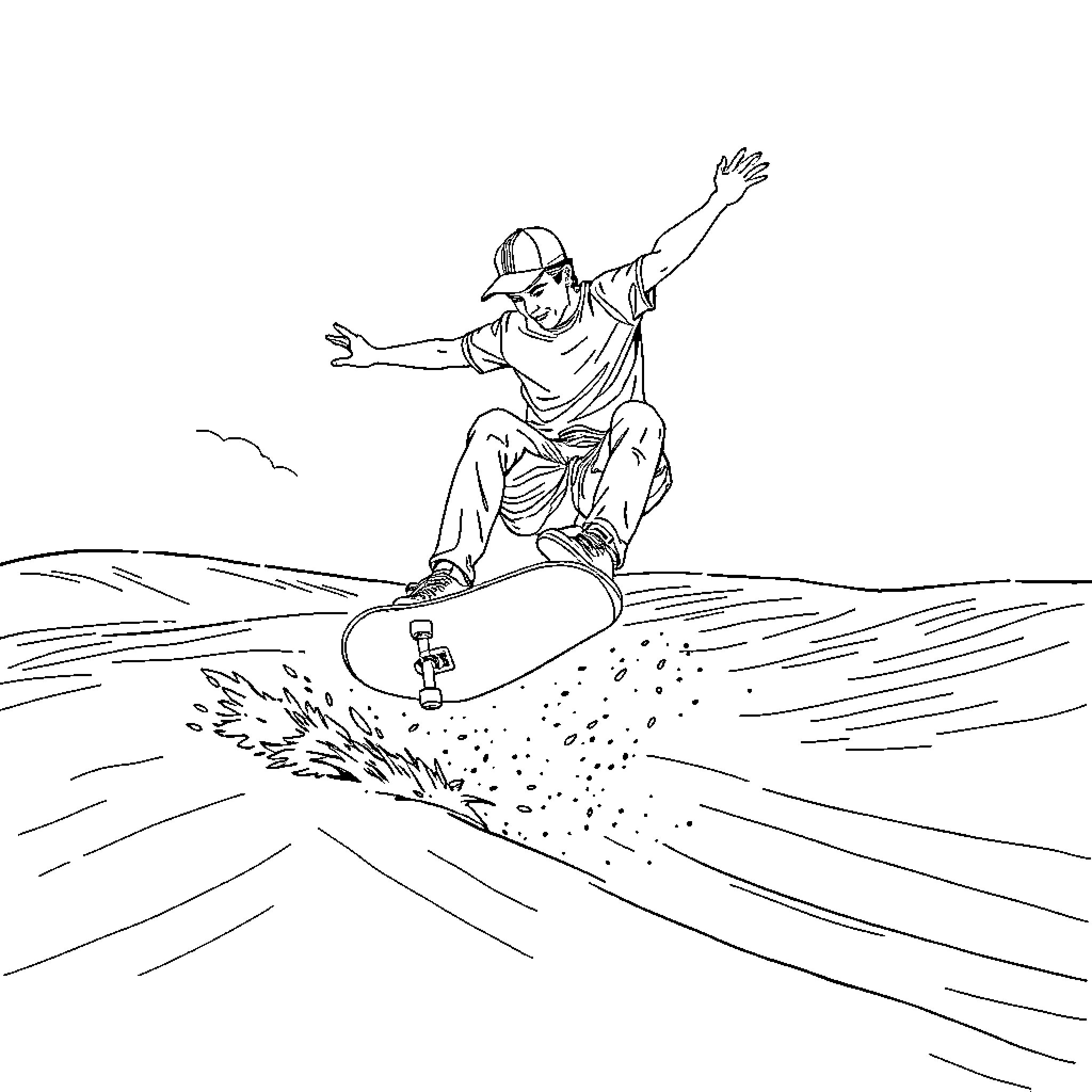 Man riding skateboard with outstretched arms Coloring Page (free black-and-white line drawing printable PDF for all, from beginners to advanced learners, including children, teens, adults, and seniors)