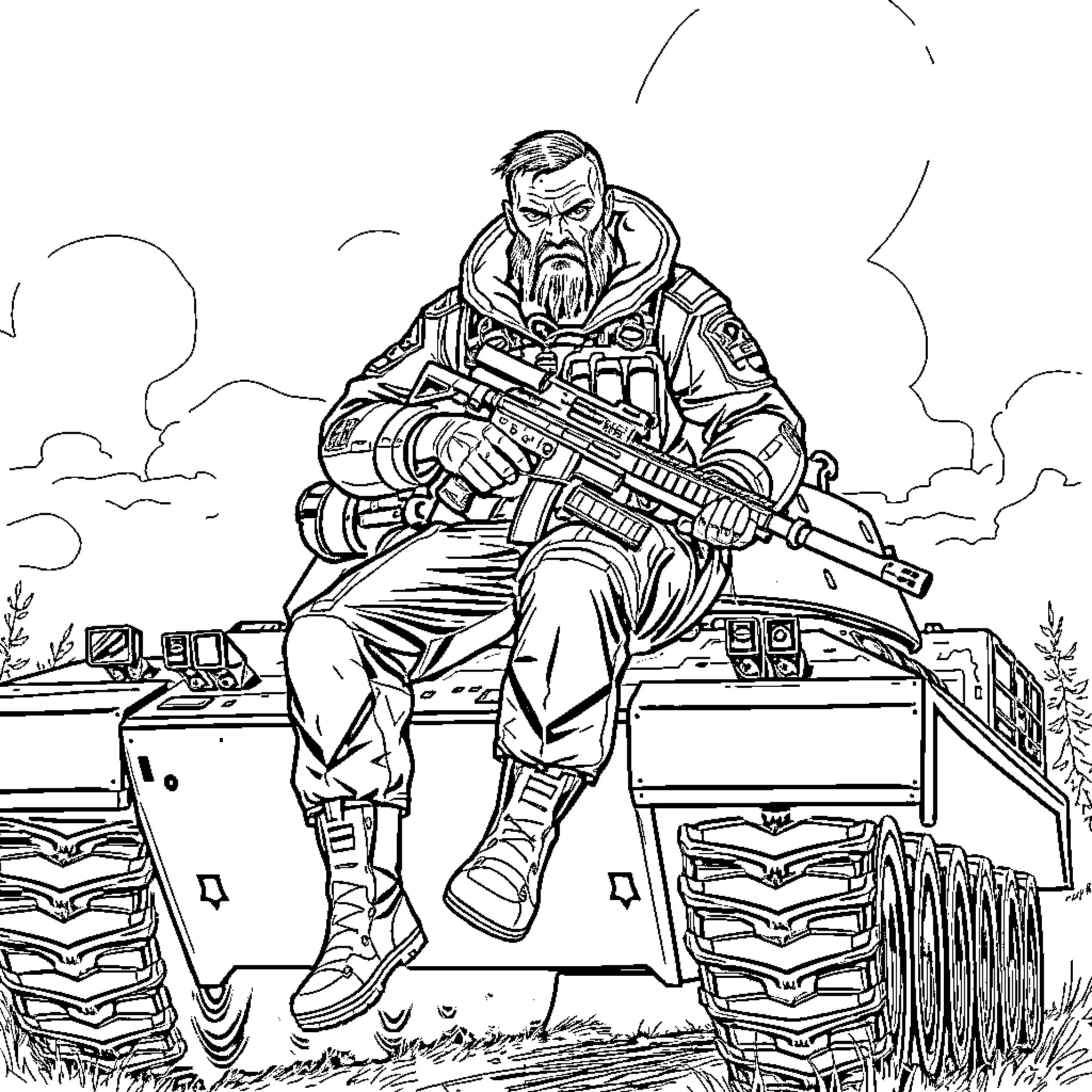 KILLA armed military soldier on armored vehicle Coloring Page (free black-and-white line drawing printable PDF for all, from beginners to advanced learners, including children, teens, adults, and seniors)