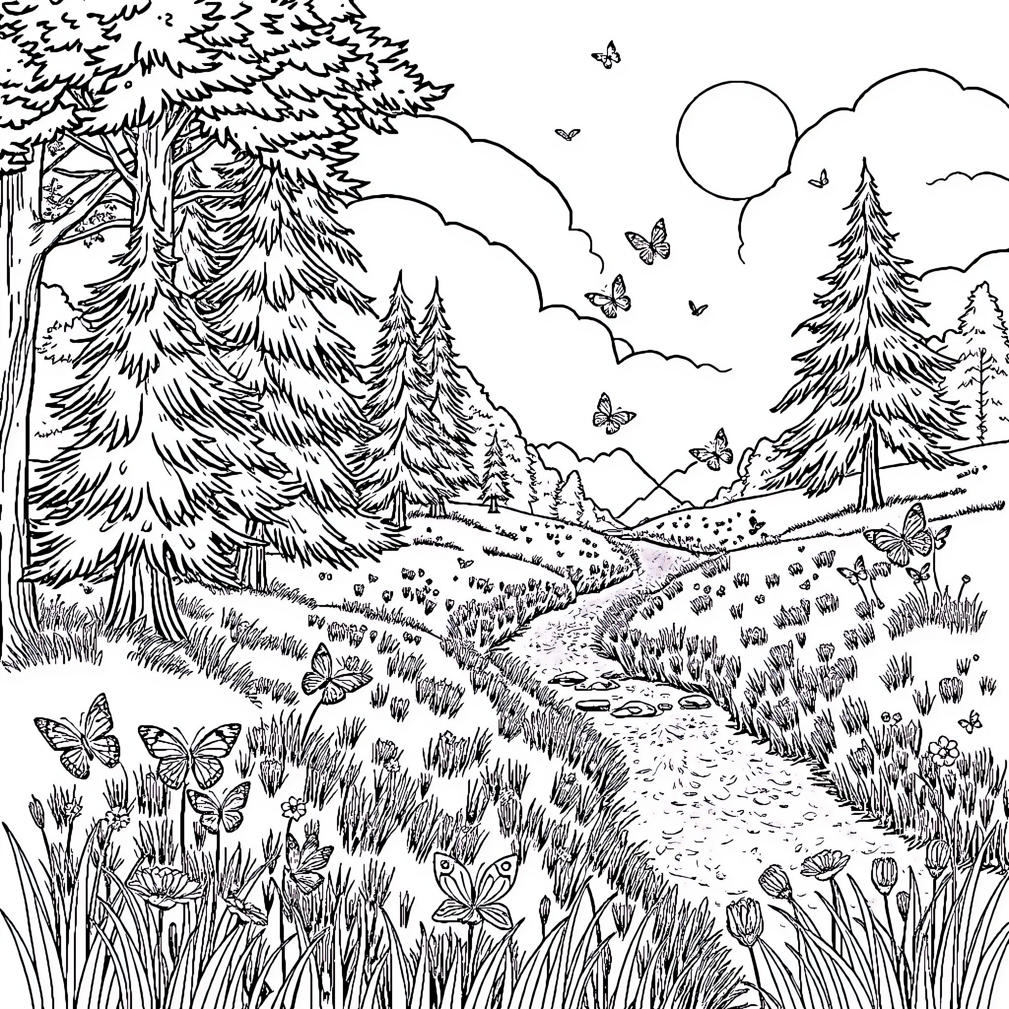 Meadow with butterflies and flowers in the forest Coloring Page (free black-and-white line drawing printable PDF for all, from beginners to advanced learners, including children, teens, adults, and seniors)