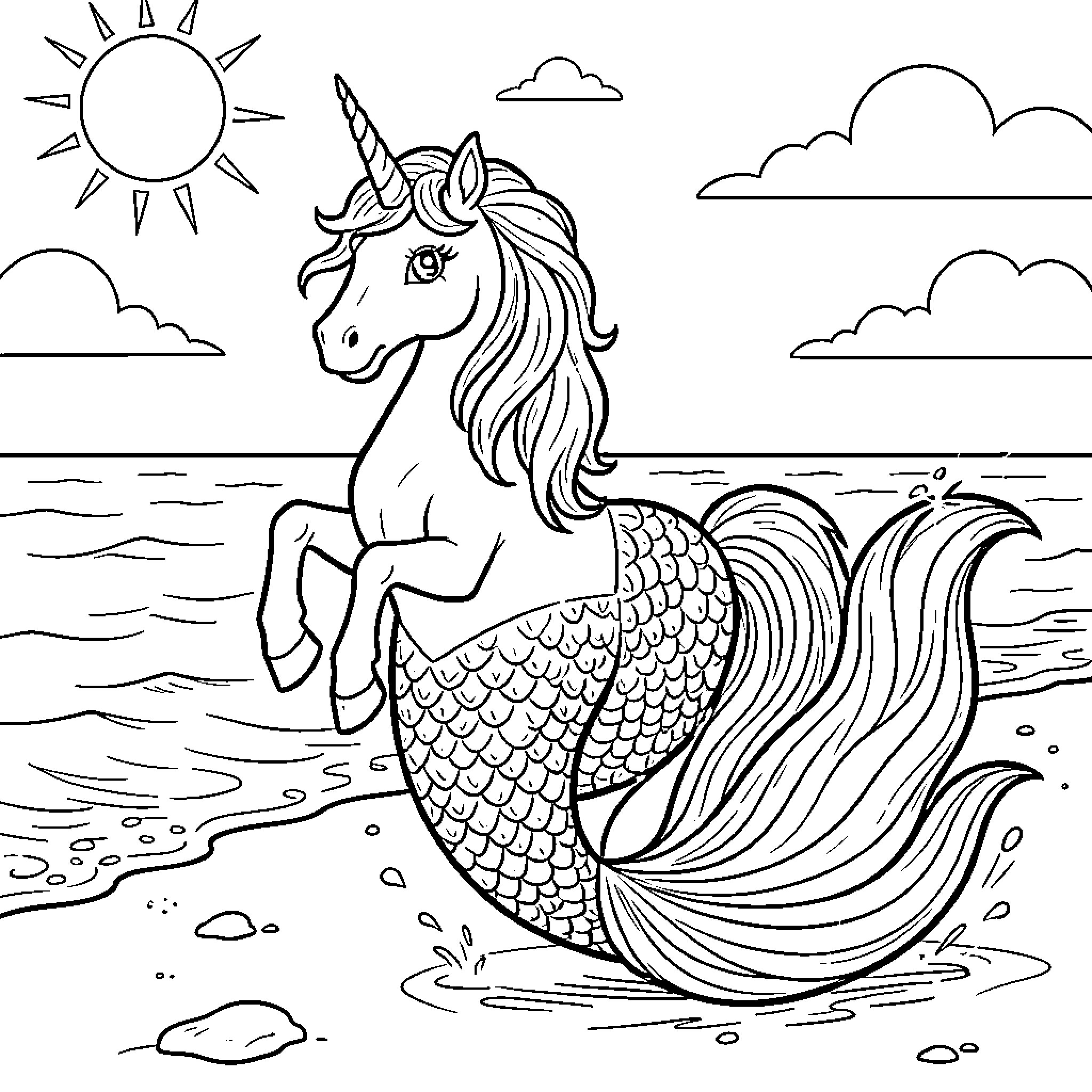 Unicorn mermaid frolicking in the waves Coloring Page (free black-and-white line drawing printable PDF for all, from beginners to advanced learners, including children, teens, adults, and seniors)