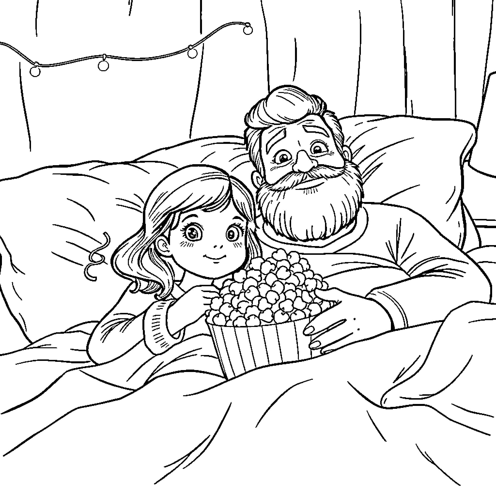 Girl sharing popcorn with bearded man Coloring Page (free black-and-white line drawing printable PDF for all, from beginners to advanced learners, including children, teens, adults, and seniors)