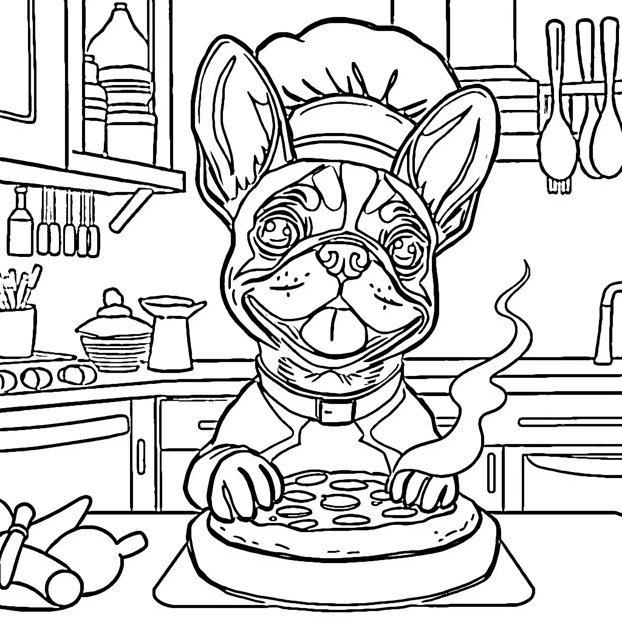 Frenchie baking delicious treats in the kitchen Coloring Page (free black-and-white line drawing printable PDF for all, from beginners to advanced learners, including children, teens, adults, and seniors)