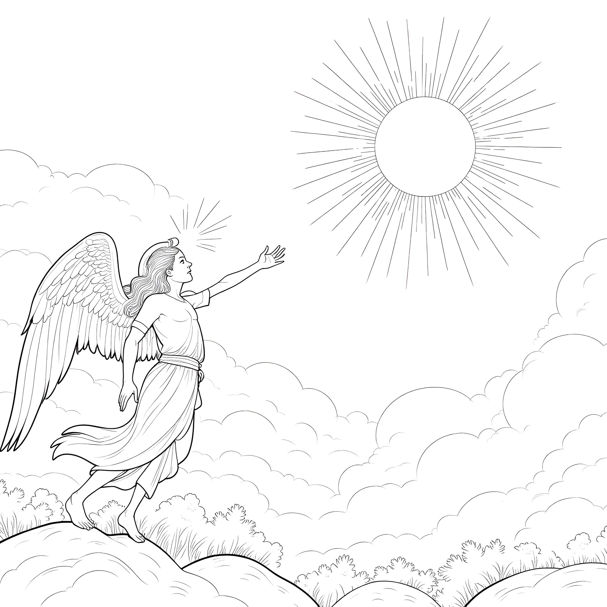 Angel admiring the heavenly sun in the clouds Coloring Page (free black-and-white line drawing printable PDF for all, from beginners to advanced learners, including children, teens, adults, and seniors)