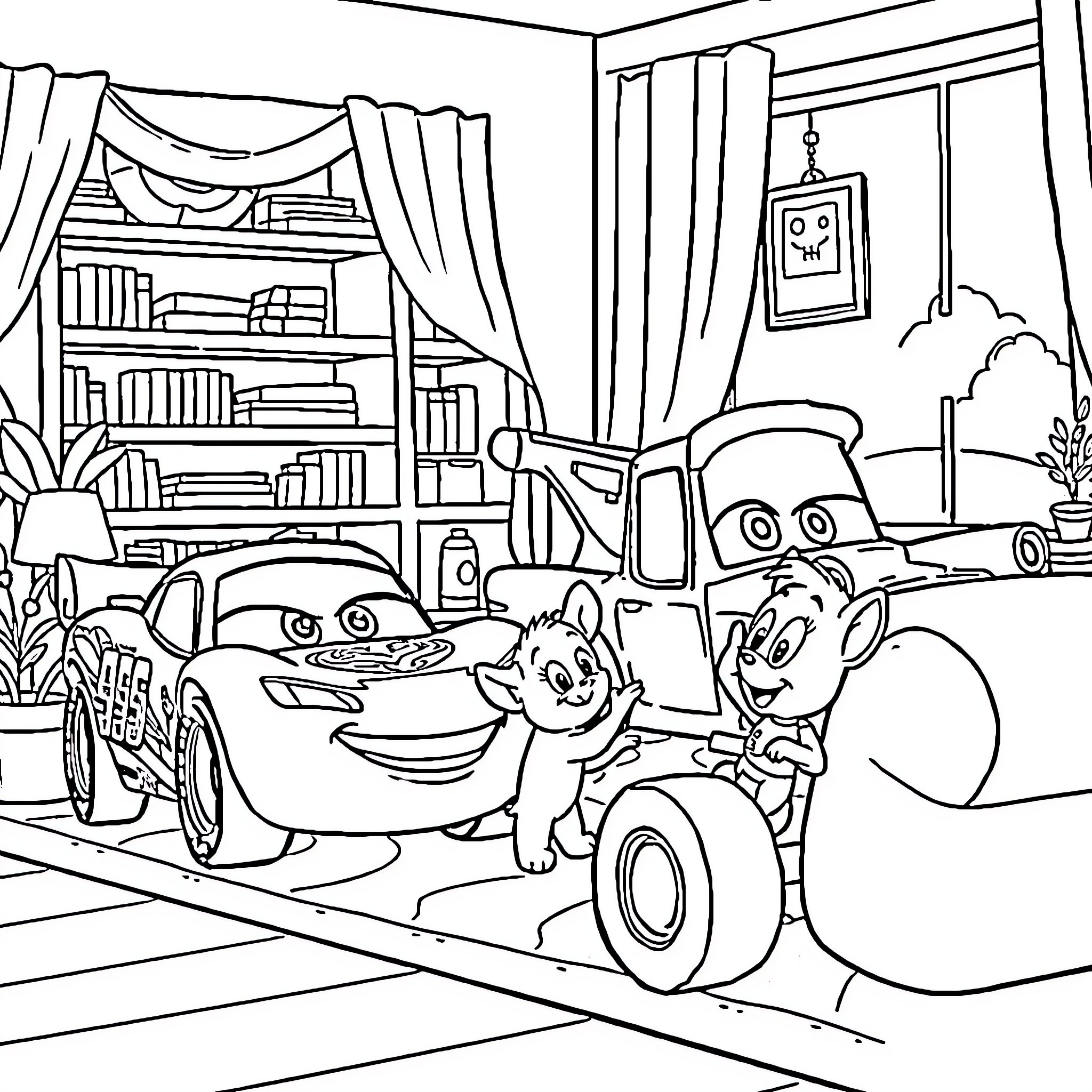 Bluey's Playtime Adventures with Quirky Cars Coloring Page (free black-and-white line drawing printable PDF for all, from beginners to advanced learners, including children, teens, adults, and seniors)