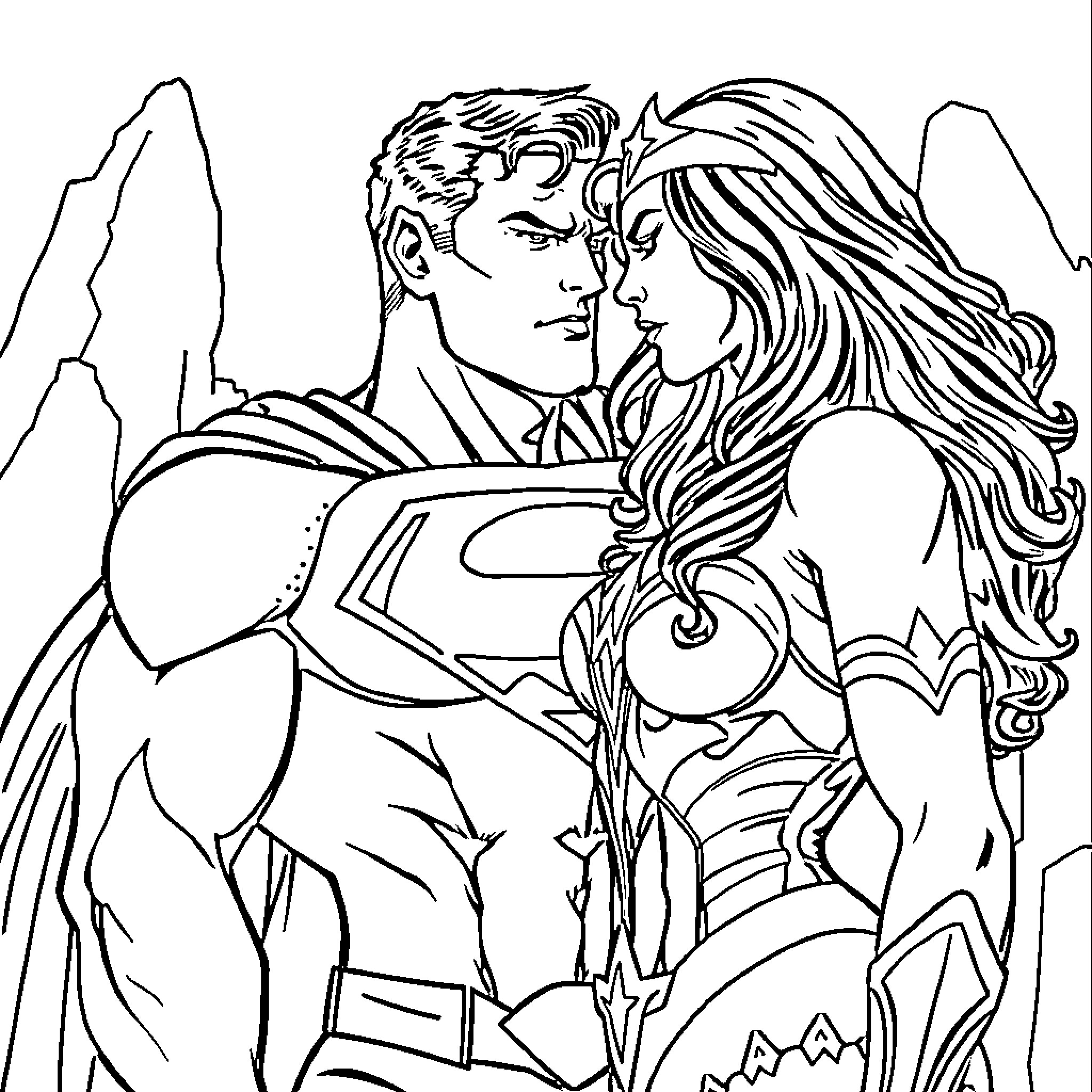 Superman embracing his love interest Coloring Page (free black-and-white line drawing printable PDF for all, from beginners to advanced learners, including children, teens, adults, and seniors)