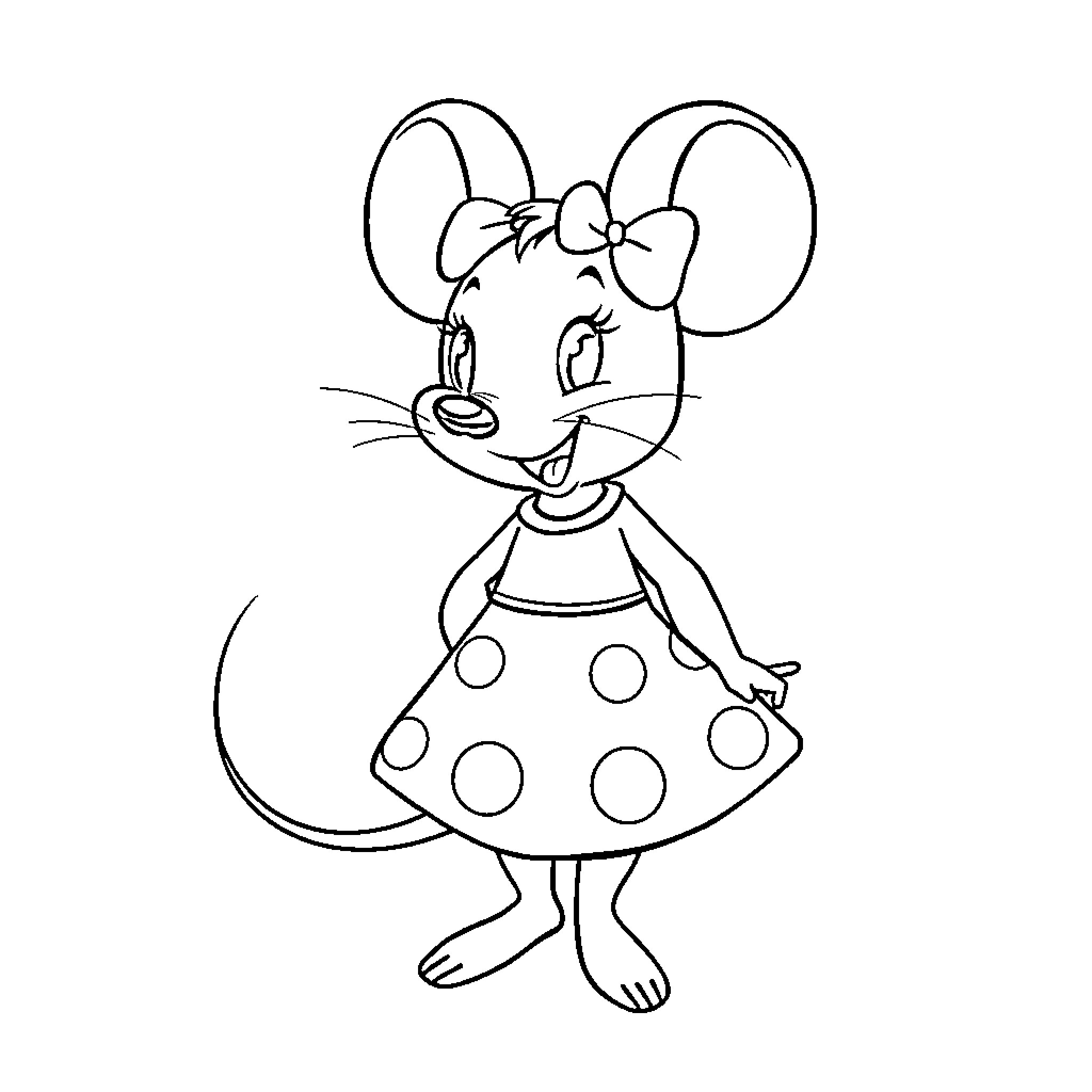 Minnie Mouse in polka dot dress and bow Coloring Page (free black-and-white line drawing printable PDF for all, from beginners to advanced learners, including children, teens, adults, and seniors)