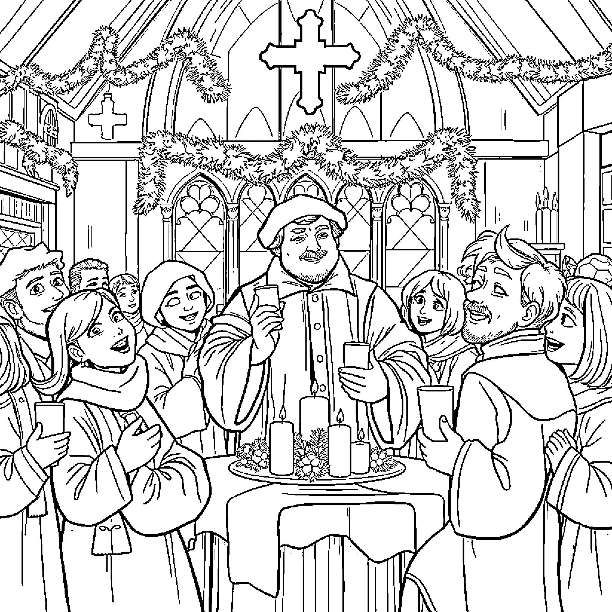 Martin Luther Conducting Religious Service in Church Coloring Page (free black-and-white line drawing printable PDF for all, from beginners to advanced learners, including children, teens, adults, and seniors)