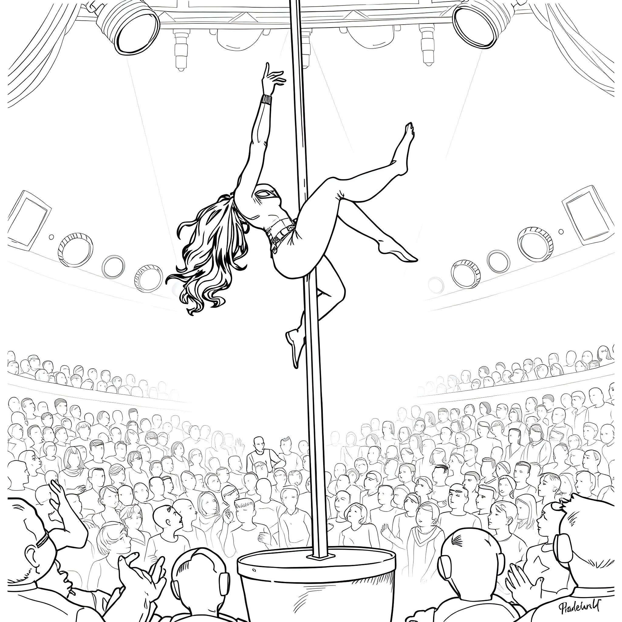 Black Widow Performing Aerial Acrobatics on Stage Coloring Page (free black-and-white line drawing printable PDF for all, from beginners to advanced learners, including children, teens, adults, and seniors)
