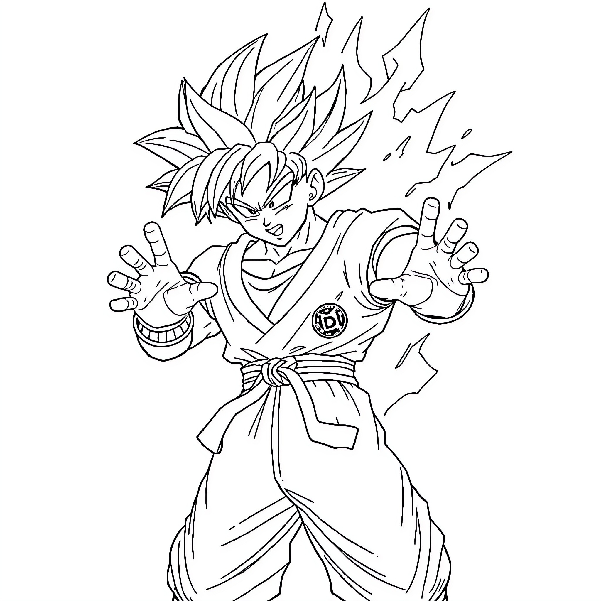 Goku performing heroic martial arts pose Coloring Page (free black-and-white line drawing printable PDF for all, from beginners to advanced learners, including children, teens, adults, and seniors)