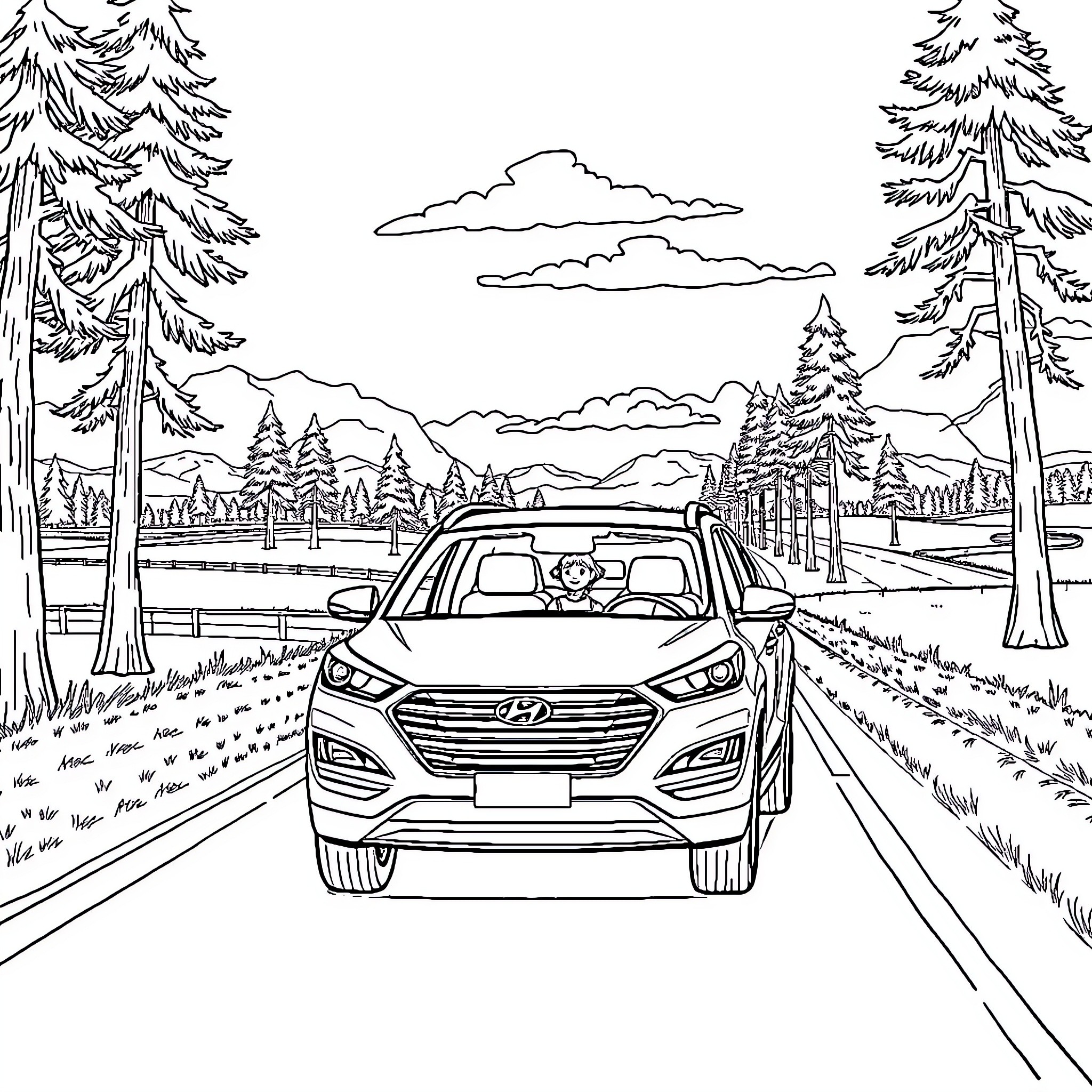 Hyundai Tucson driving on a scenic mountain road Coloring Page (free black-and-white line drawing printable PDF for all, from beginners to advanced learners, including children, teens, adults, and seniors)