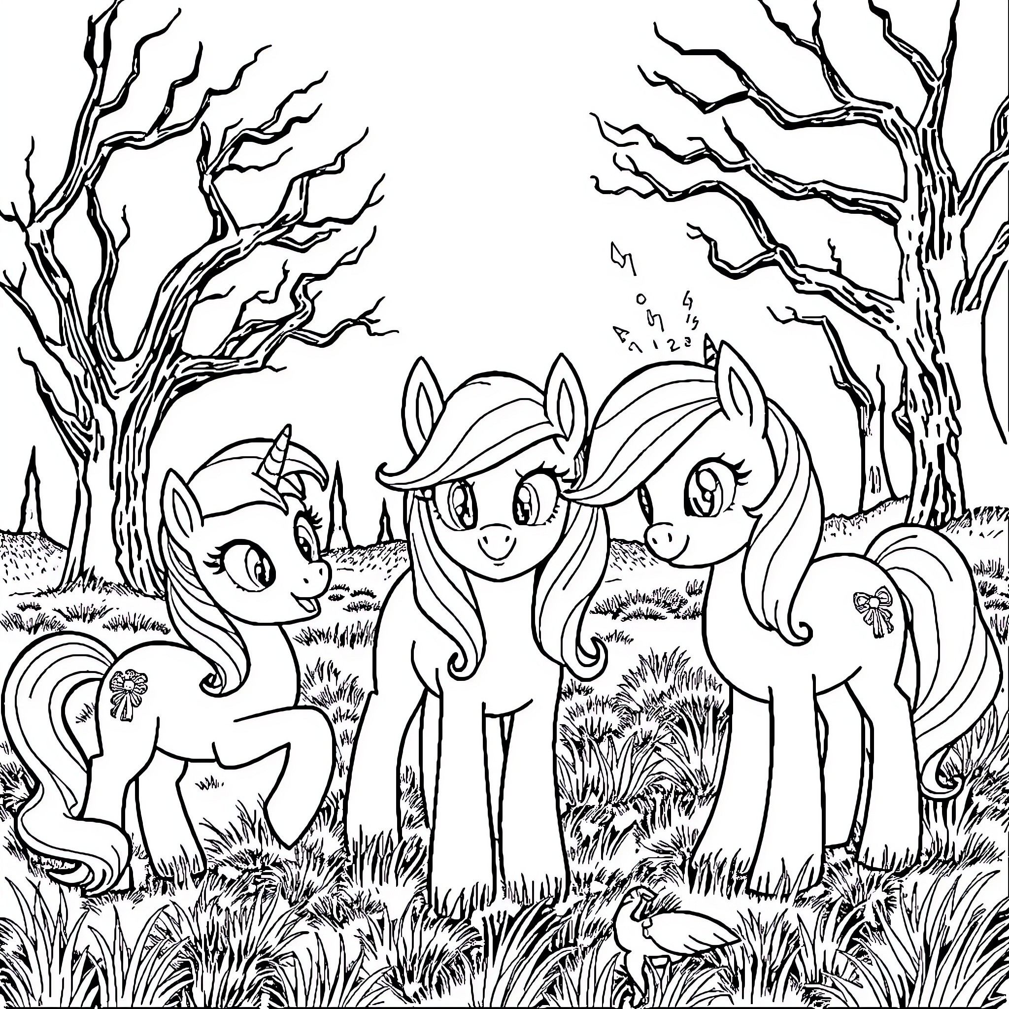My Little Pony Trio Exploring Spooky Forest Coloring Page (free black-and-white line drawing printable PDF for all, from beginners to advanced learners, including children, teens, adults, and seniors)