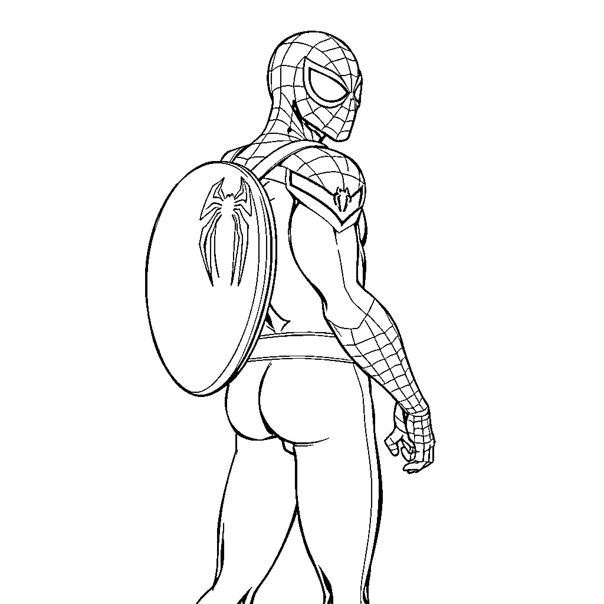 Spiderman Heroically Defending with Shield Coloring Page (free black-and-white line drawing printable PDF for all, from beginners to advanced learners, including children, teens, adults, and seniors)