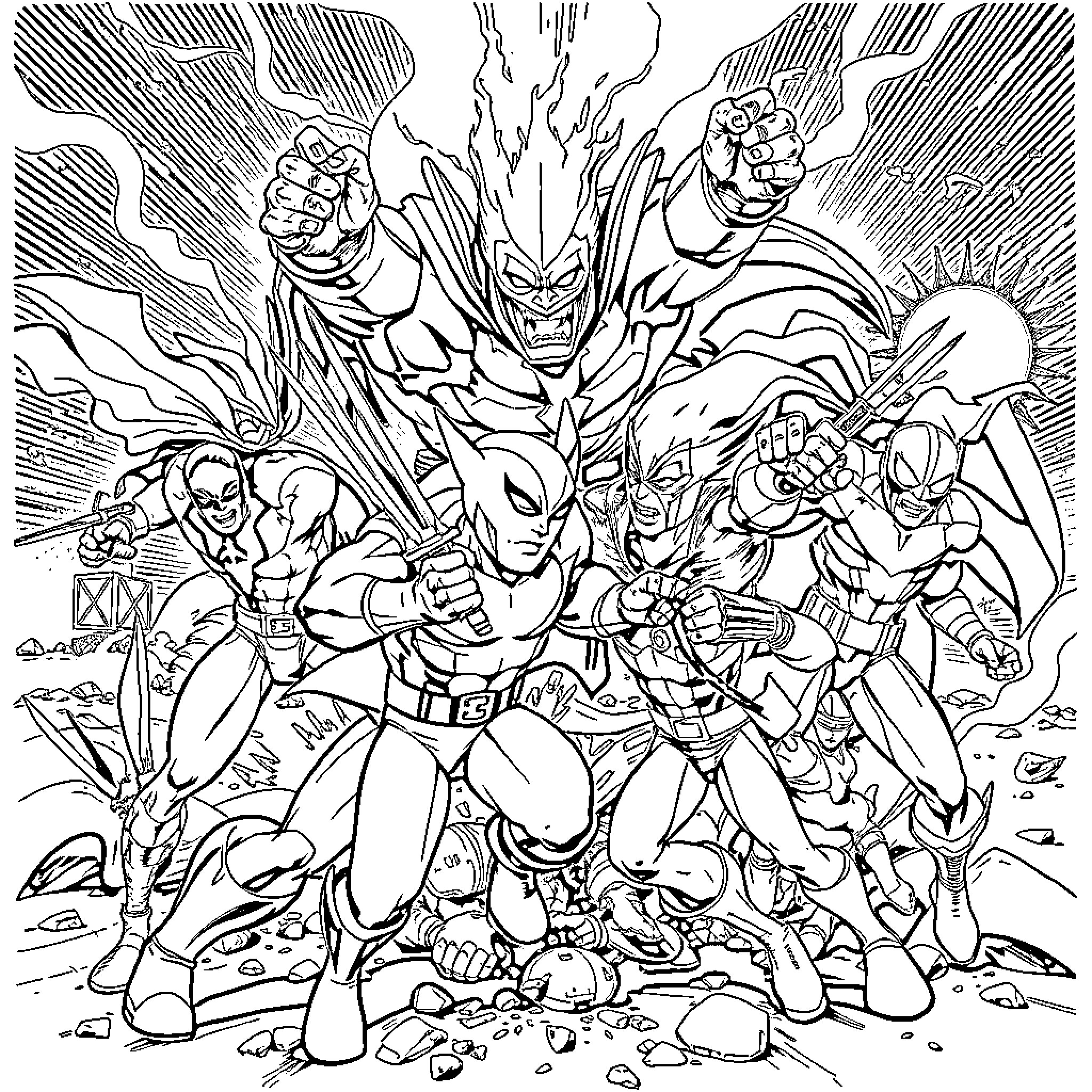 Hero Superheroes Battling Fiercely in Action-Packed Scene Coloring Page (free black-and-white line drawing printable PDF for all, from beginners to advanced learners, including children, teens, adults, and seniors)