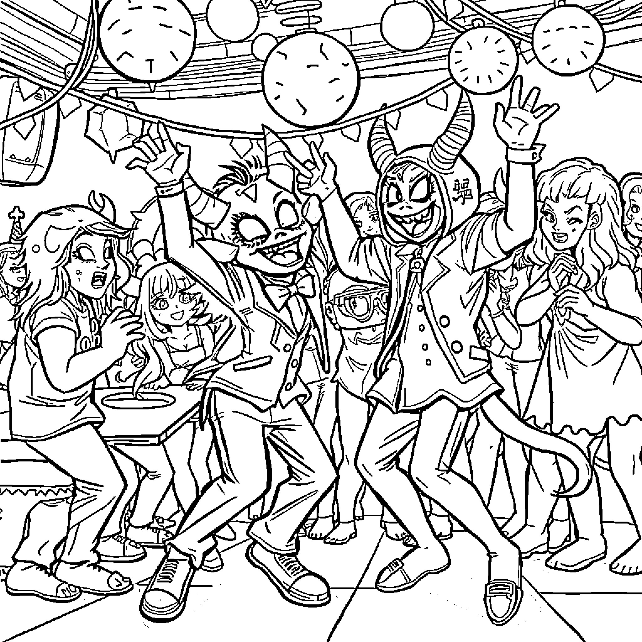 Bluey and Friends Celebrate in a Lively Party Coloring Page (free black-and-white line drawing printable PDF for all, from beginners to advanced learners, including children, teens, adults, and seniors)