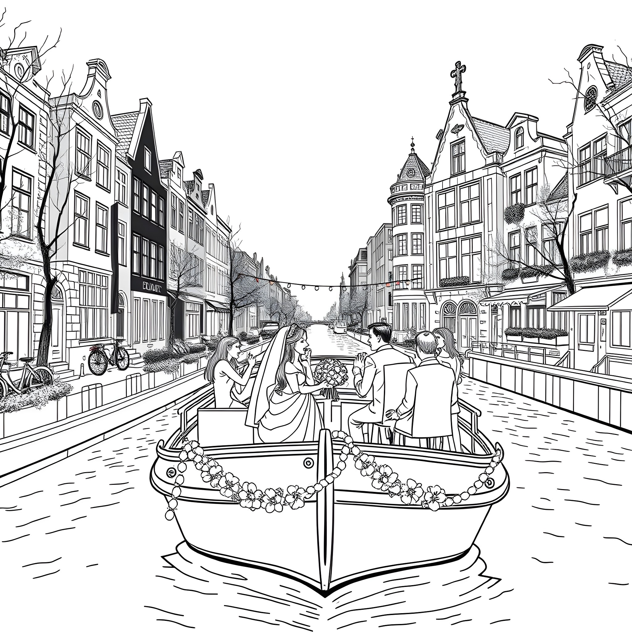 Wedding Celebration on Picturesque Canal in Quaint Town Coloring Page (free black-and-white line drawing printable PDF for all, from beginners to advanced learners, including children, teens, adults, and seniors)
