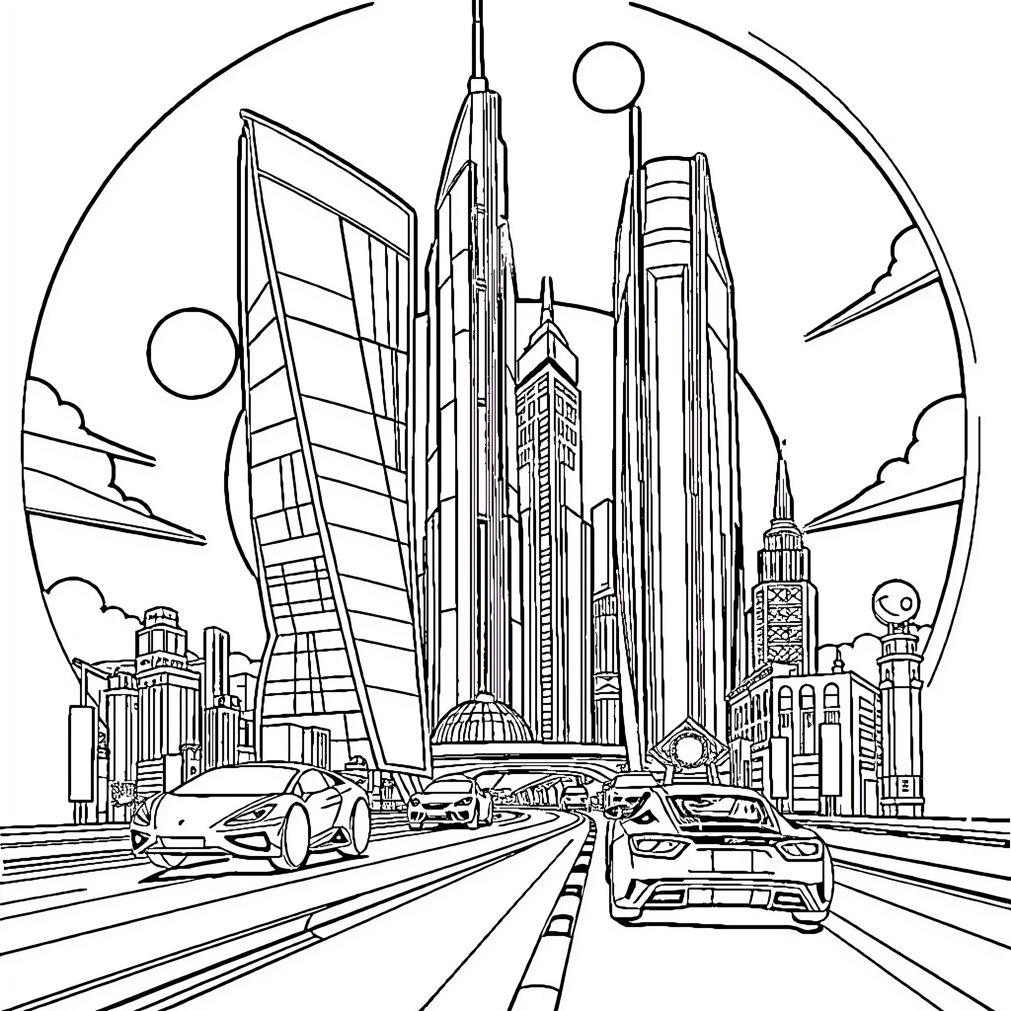 City of modern architecture and transportation Coloring Page (free black-and-white line drawing printable PDF for all, from beginners to advanced learners, including children, teens, adults, and seniors)