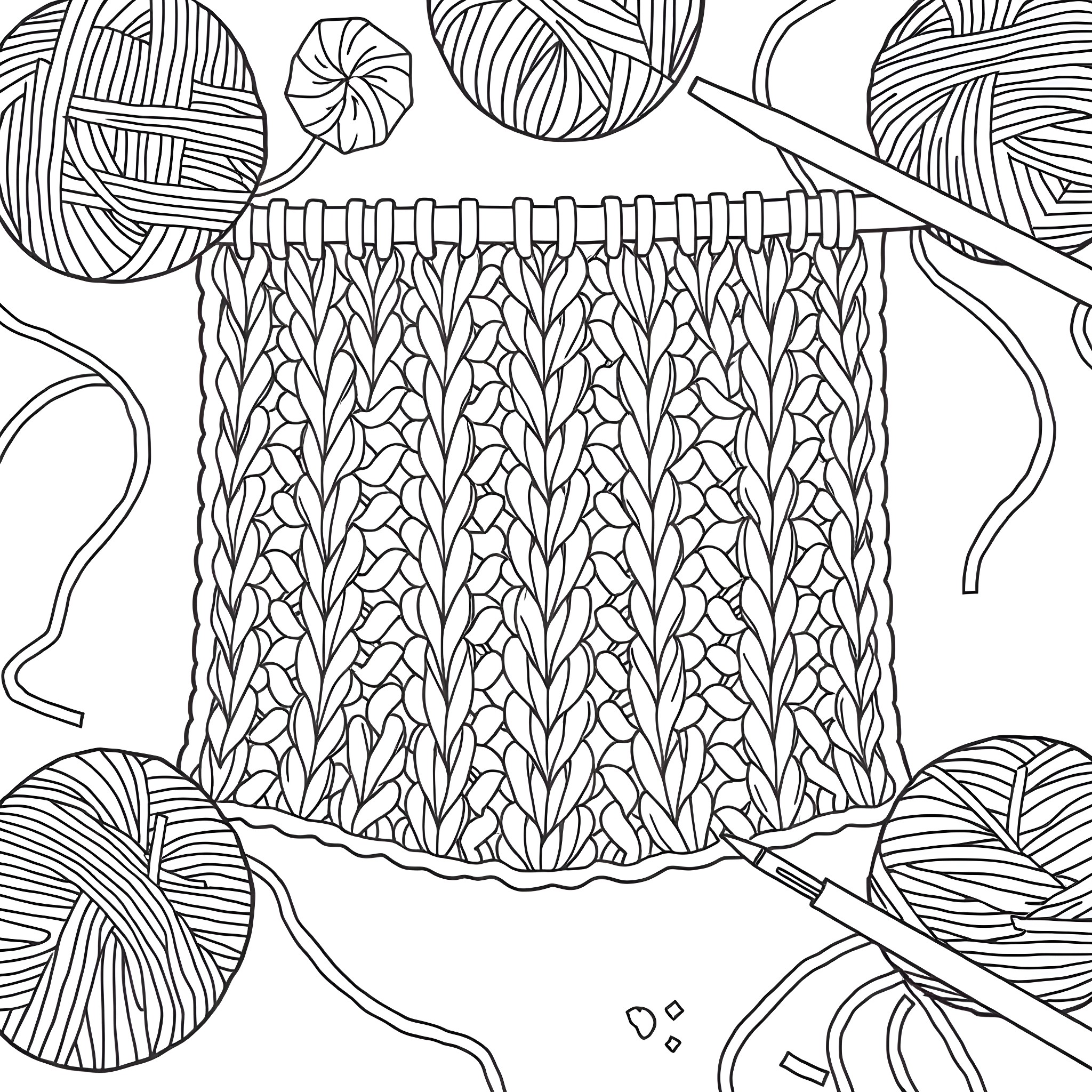 Knitting Pattern with Intricate Yarn and Needles Coloring Page (free black-and-white line drawing printable PDF for all, from beginners to advanced learners, including children, teens, adults, and seniors)