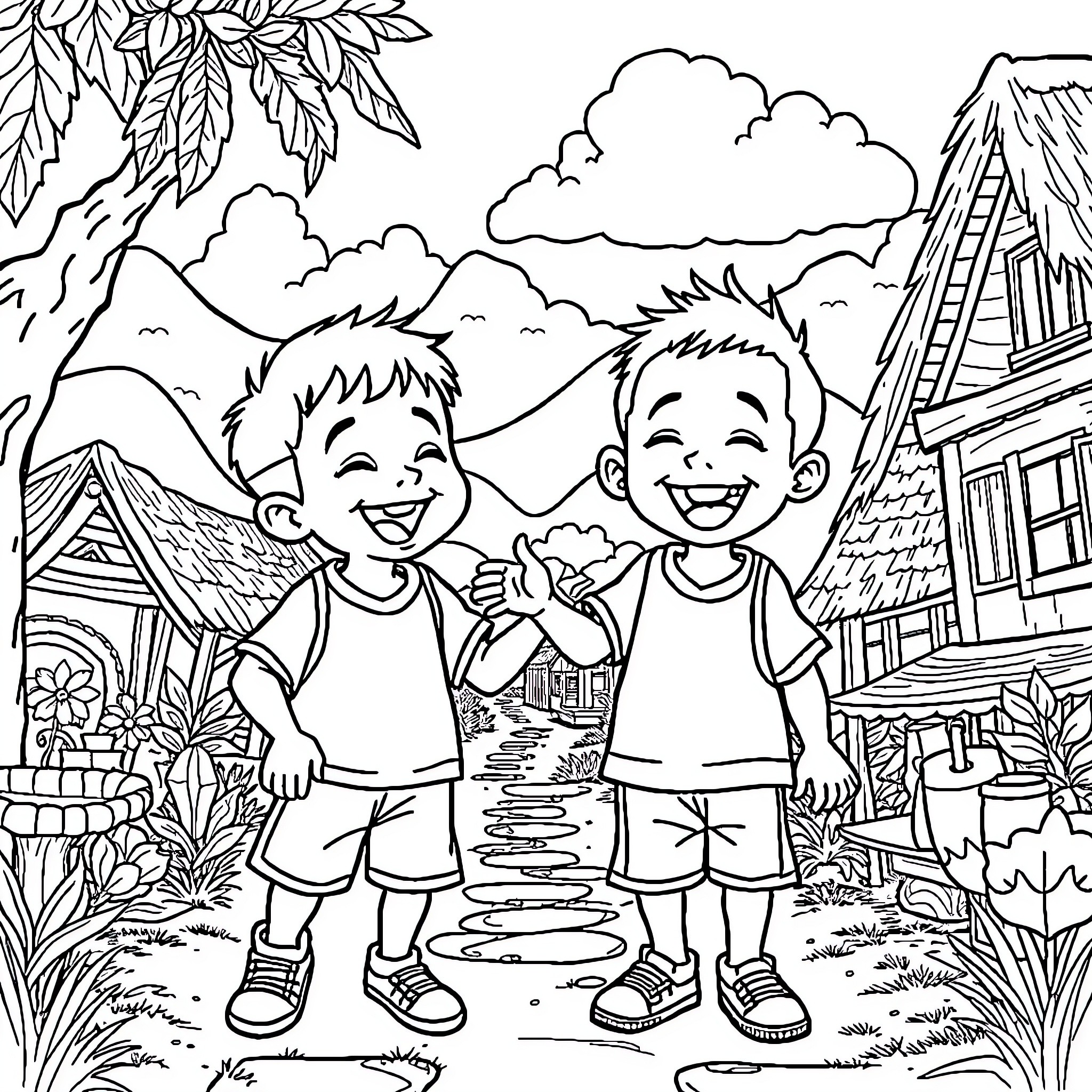 Upin and Ipin Exploring the Countryside Coloring Page (free black-and-white line drawing printable PDF for all, from beginners to advanced learners, including children, teens, adults, and seniors)