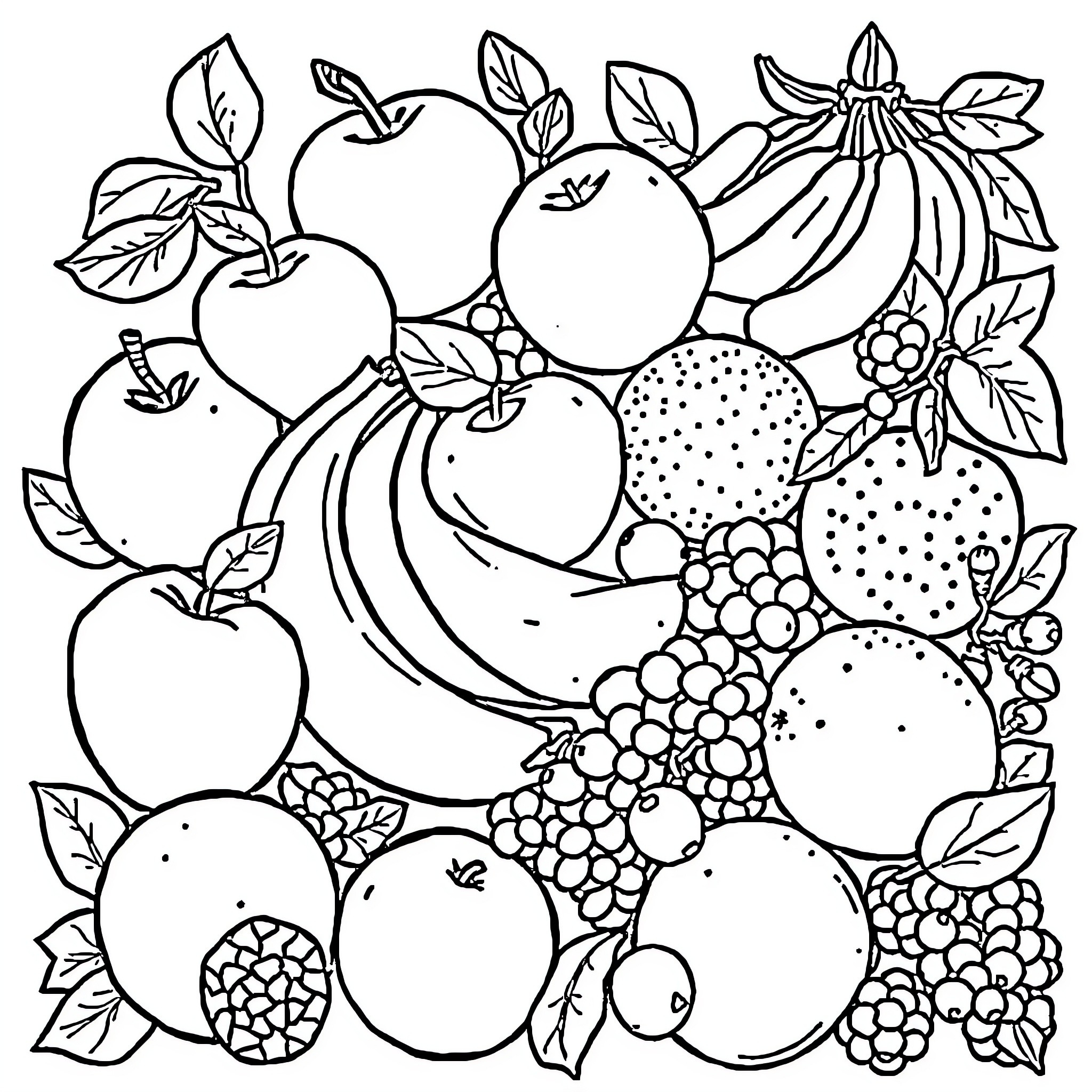 Fruit Abundance with Vibrant Leaves and Berries Coloring Page (free black-and-white line drawing printable PDF for all, from beginners to advanced learners, including children, teens, adults, and seniors)
