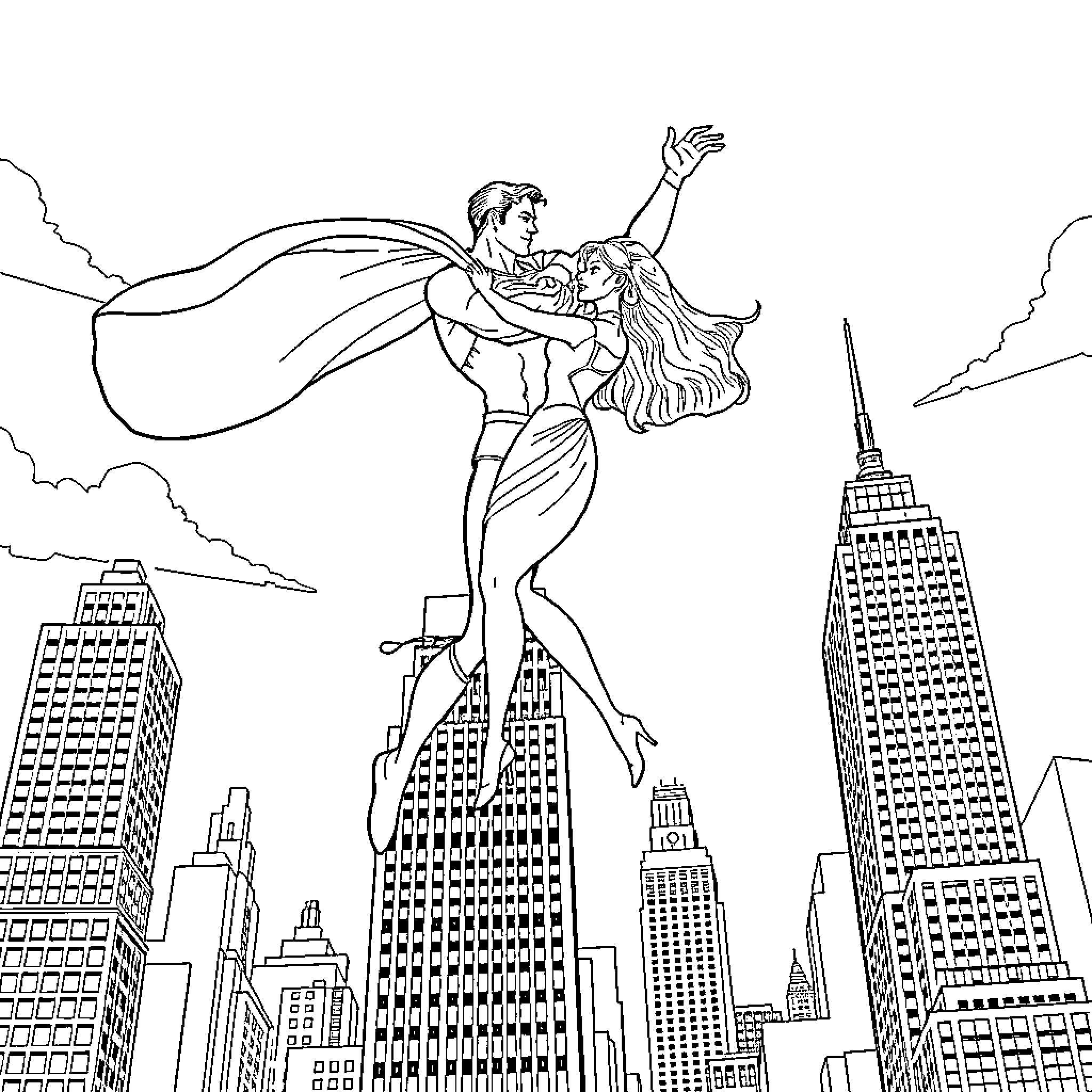 Superman and woman soaring over city skyline Coloring Page (free black-and-white line drawing printable PDF for all, from beginners to advanced learners, including children, teens, adults, and seniors)