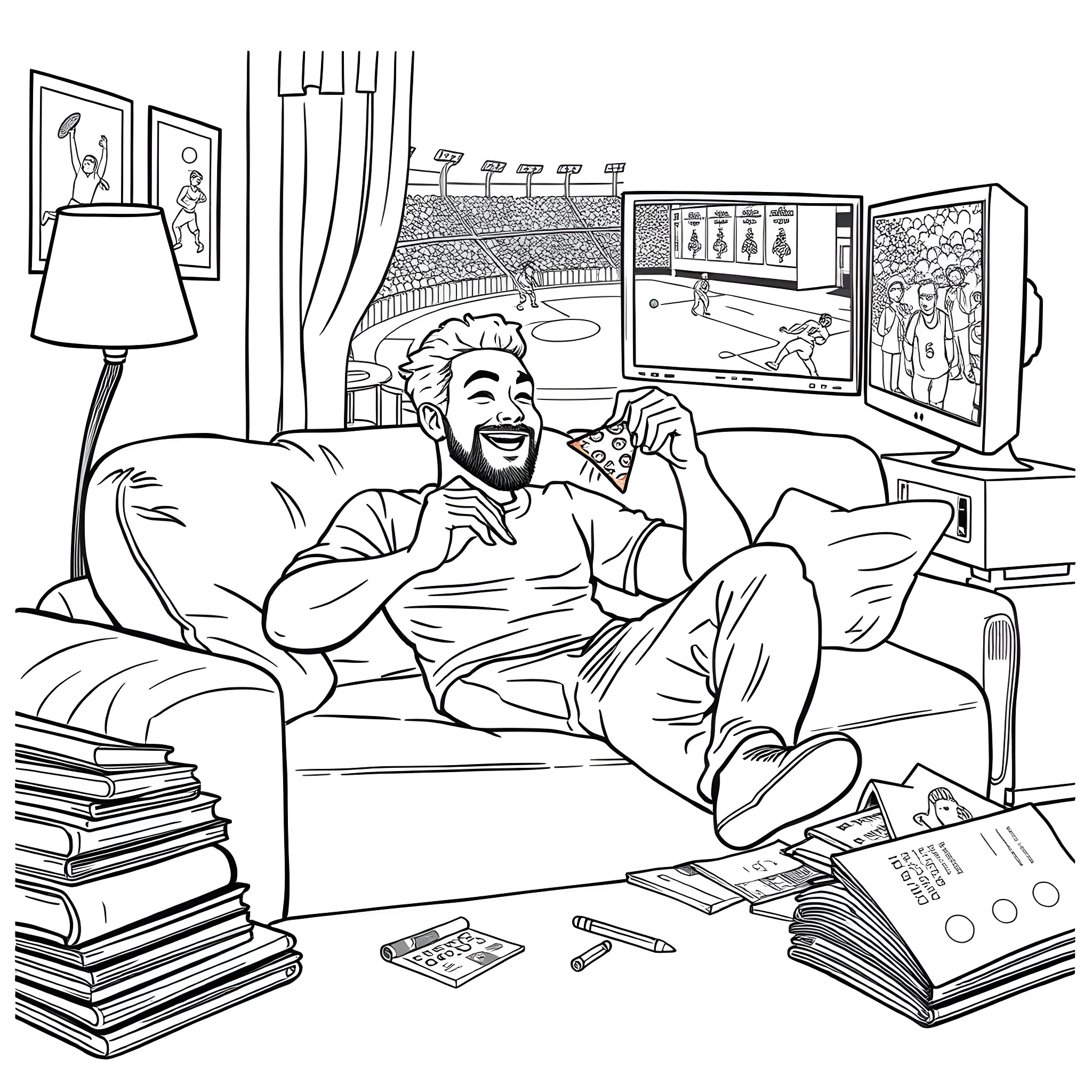 Jey Uso relaxes and enjoys watching TV at home Coloring Page (free black-and-white line drawing printable PDF for all, from beginners to advanced learners, including children, teens, adults, and seniors)