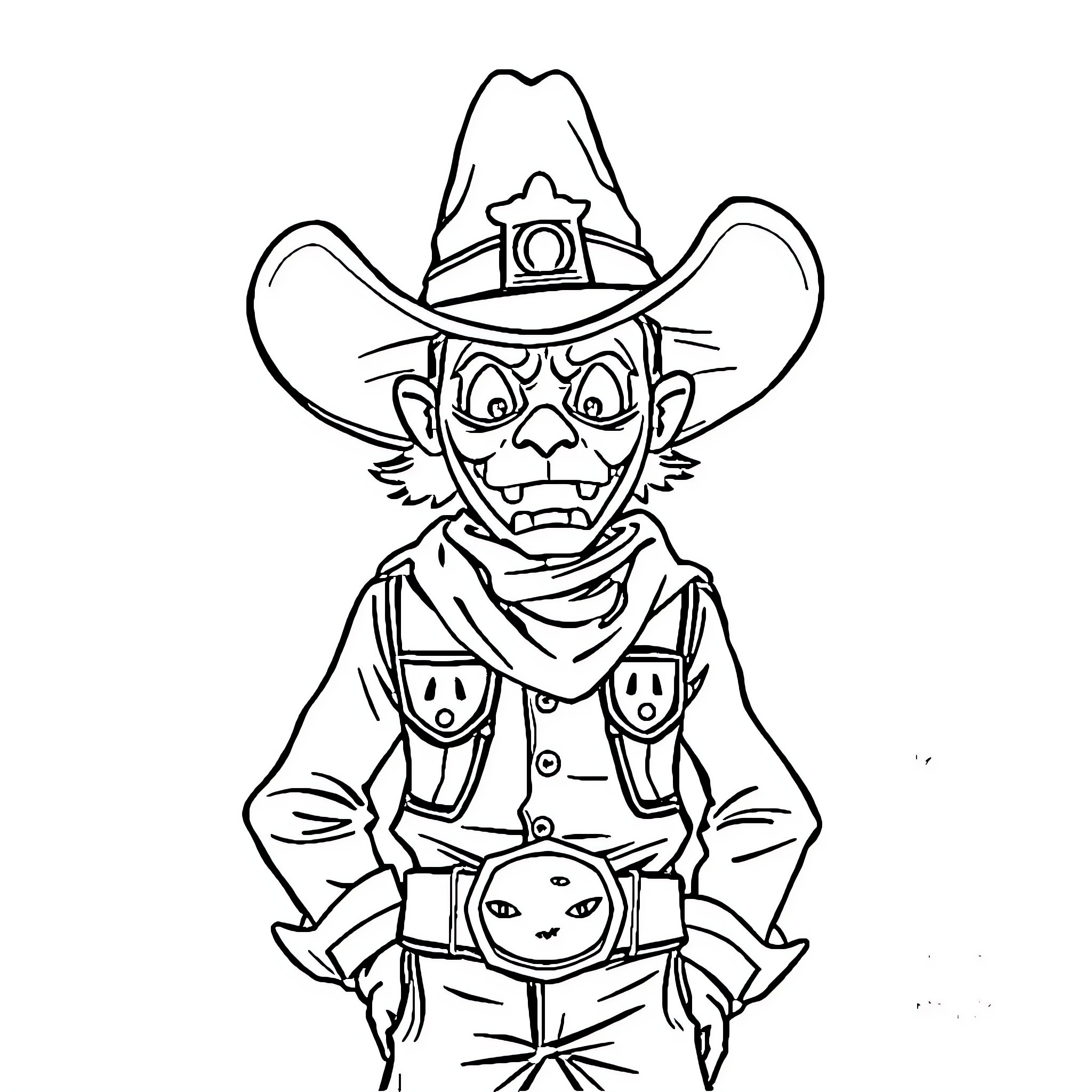 Cowboy with stern expression and unique hat Coloring Page (free black-and-white line drawing printable PDF for all, from beginners to advanced learners, including children, teens, adults, and seniors)