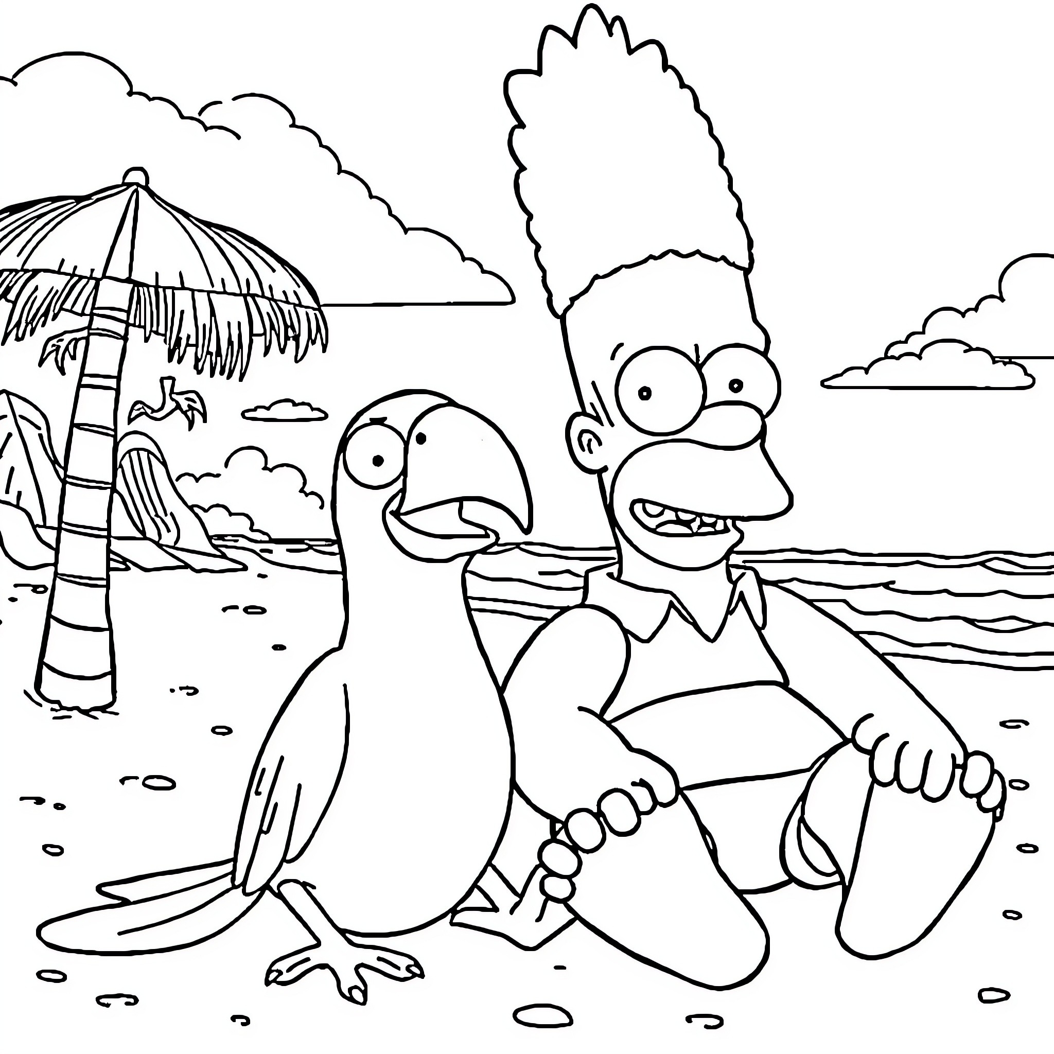 Pájaro Loco relaxing with friends on the beach Coloring Page (free black-and-white line drawing printable PDF for all, from beginners to advanced learners, including children, teens, adults, and seniors)