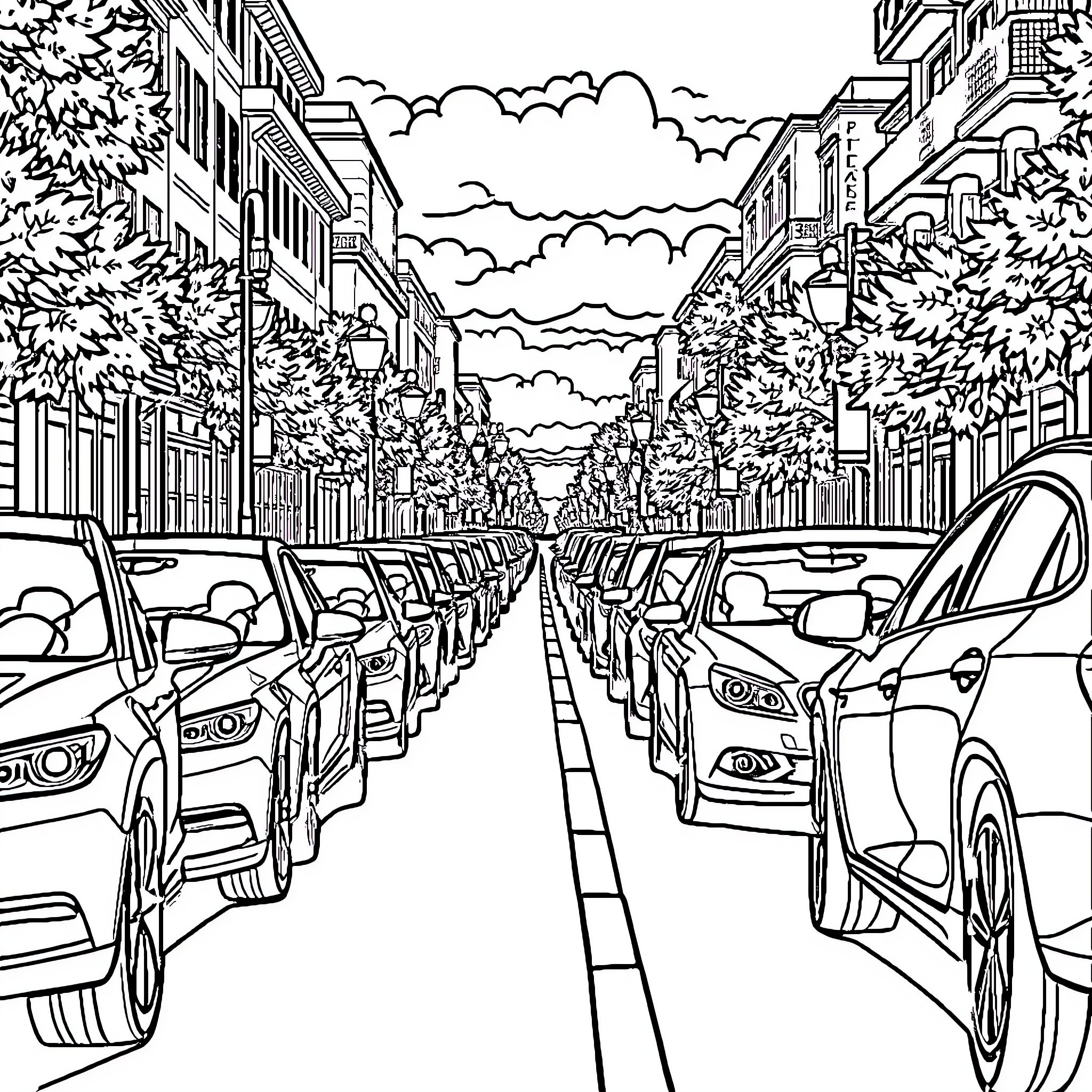 Car-filled city street with buildings and trees Coloring Page (free black-and-white line drawing printable PDF for all, from beginners to advanced learners, including children, teens, adults, and seniors)