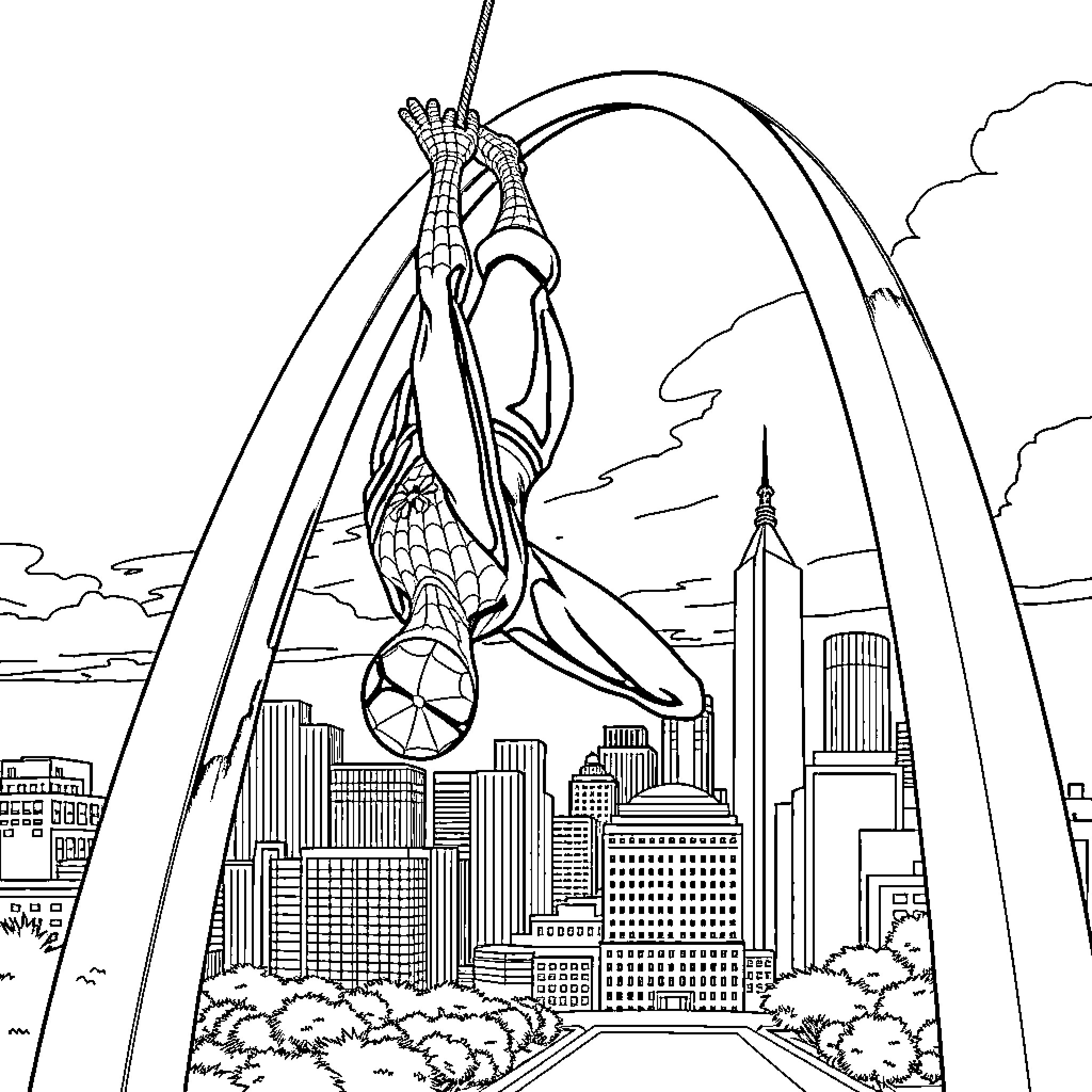 Spider-Man swinging through the city skyline Coloring Page (free black-and-white line drawing printable PDF for all, from beginners to advanced learners, including children, teens, adults, and seniors)