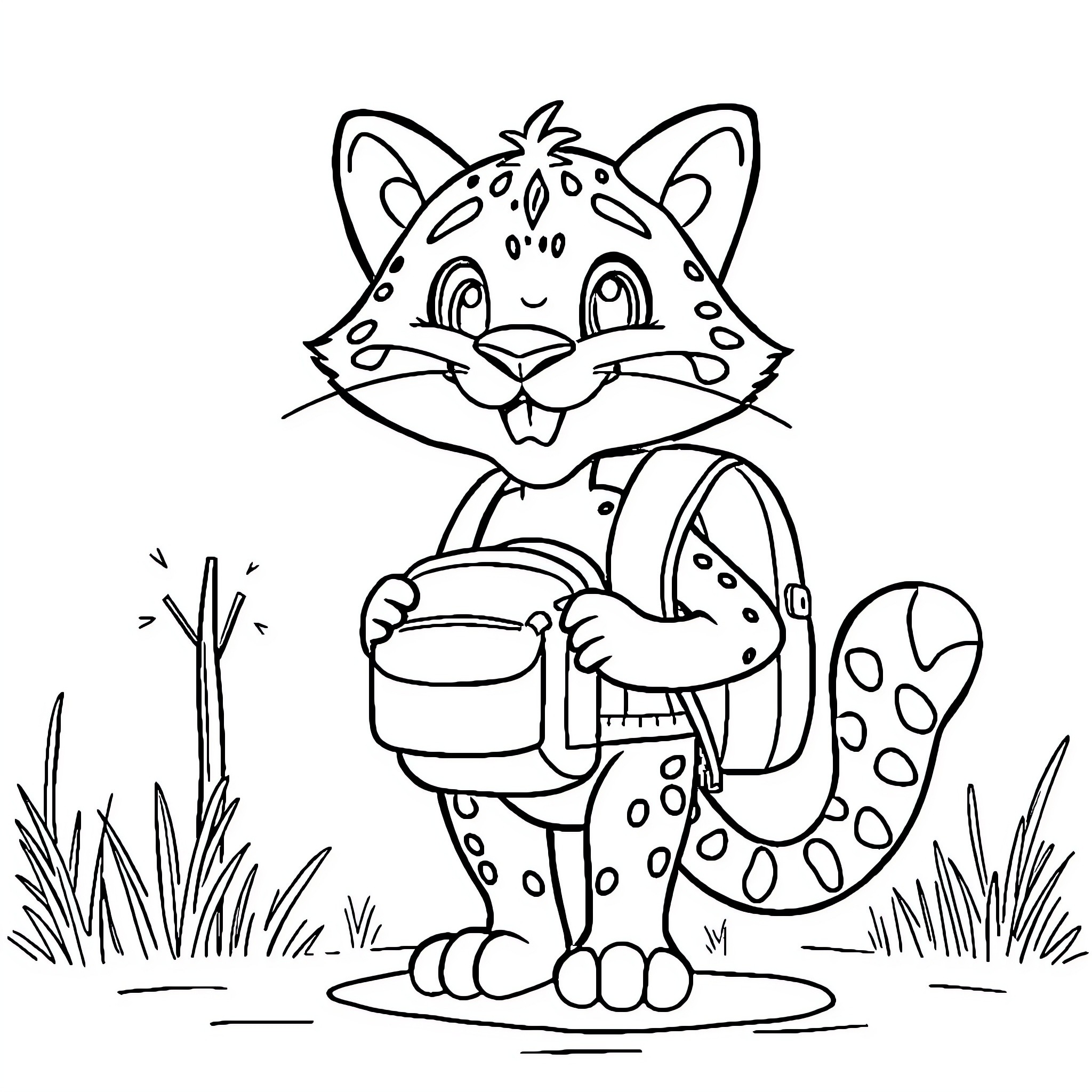 Cougar exploring the forest with backpack Coloring Page (free black-and-white line drawing printable PDF for all, from beginners to advanced learners, including children, teens, adults, and seniors)