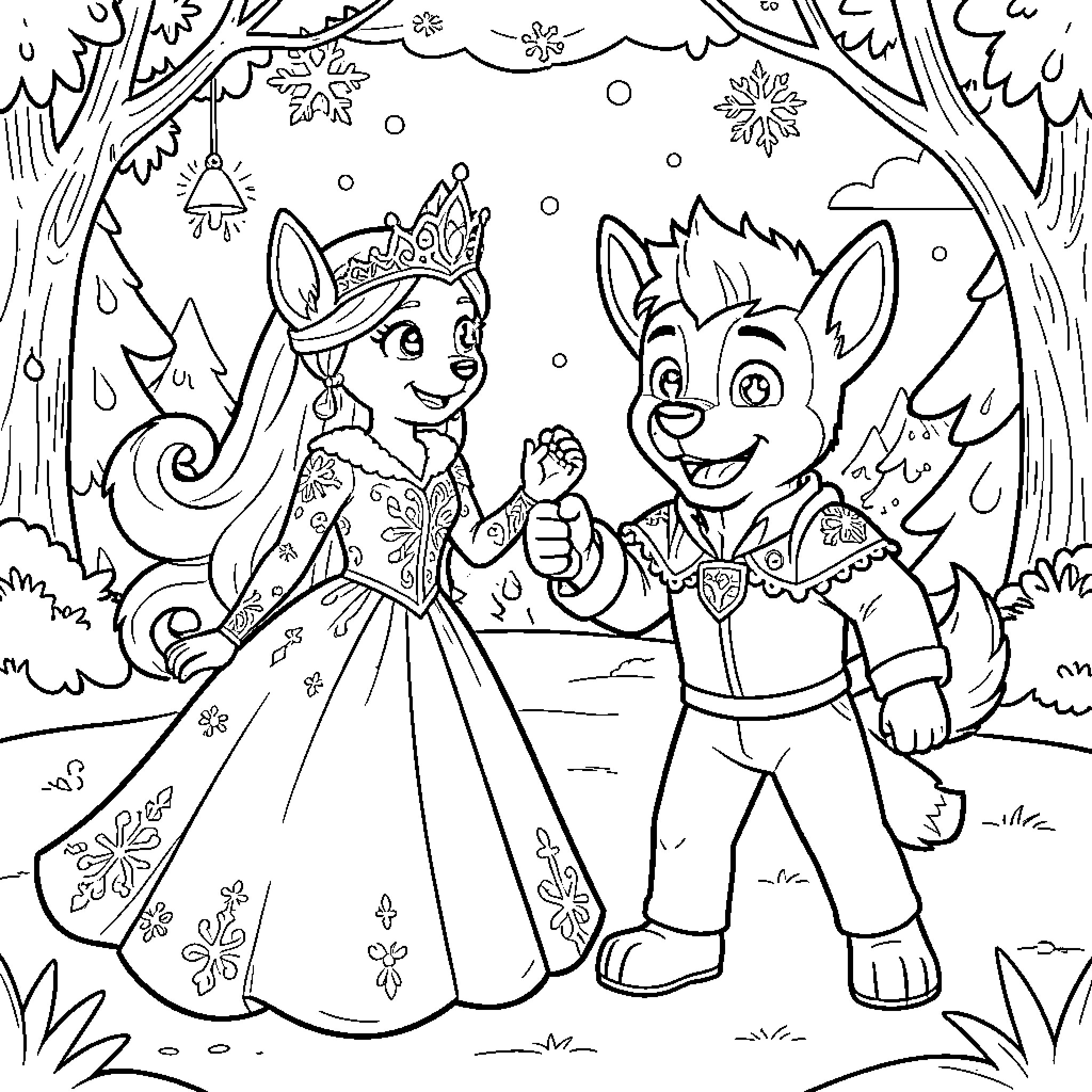 Reine animals dancing together in a snowy forest Coloring Page (free black-and-white line drawing printable PDF for all, from beginners to advanced learners, including children, teens, adults, and seniors)