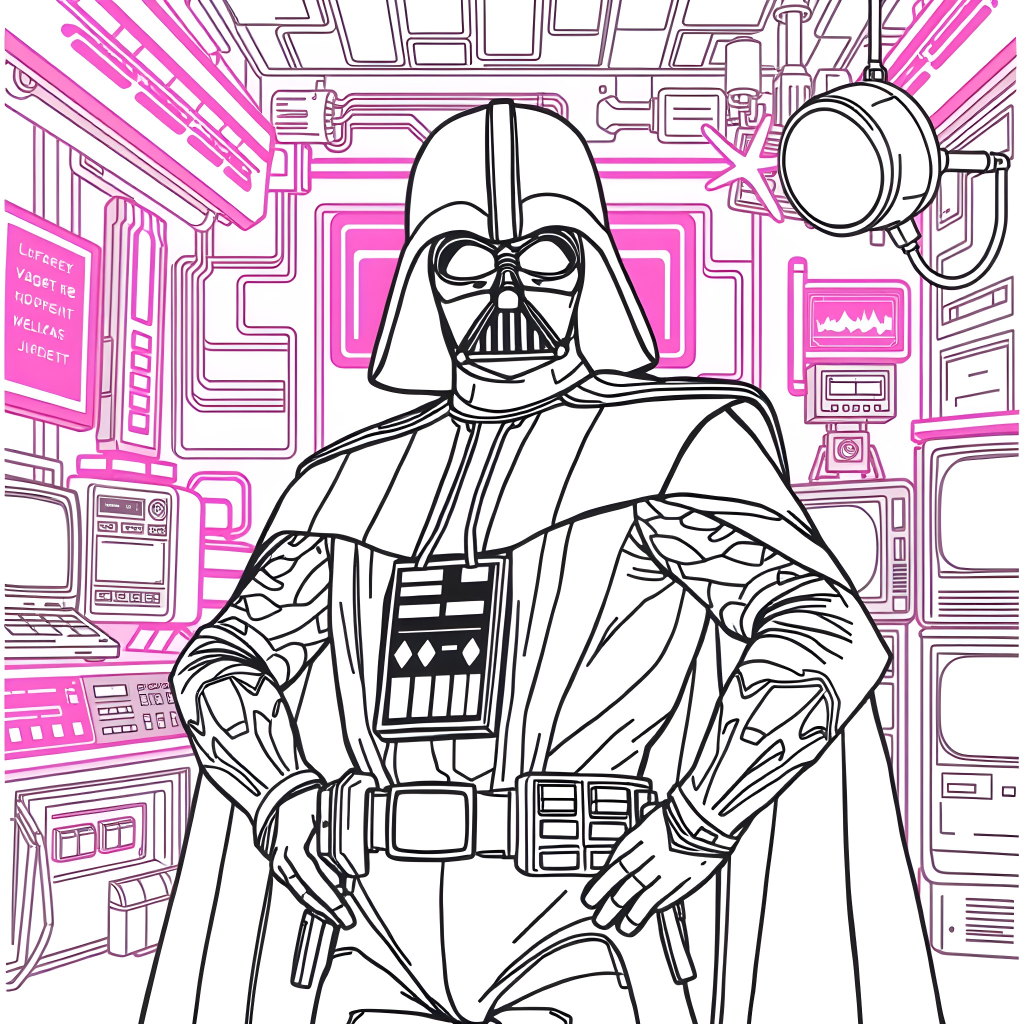 Darth Vader in a futuristic, technological landscape Coloring Page (free black-and-white line drawing printable PDF for all, from beginners to advanced learners, including children, teens, adults, and seniors)