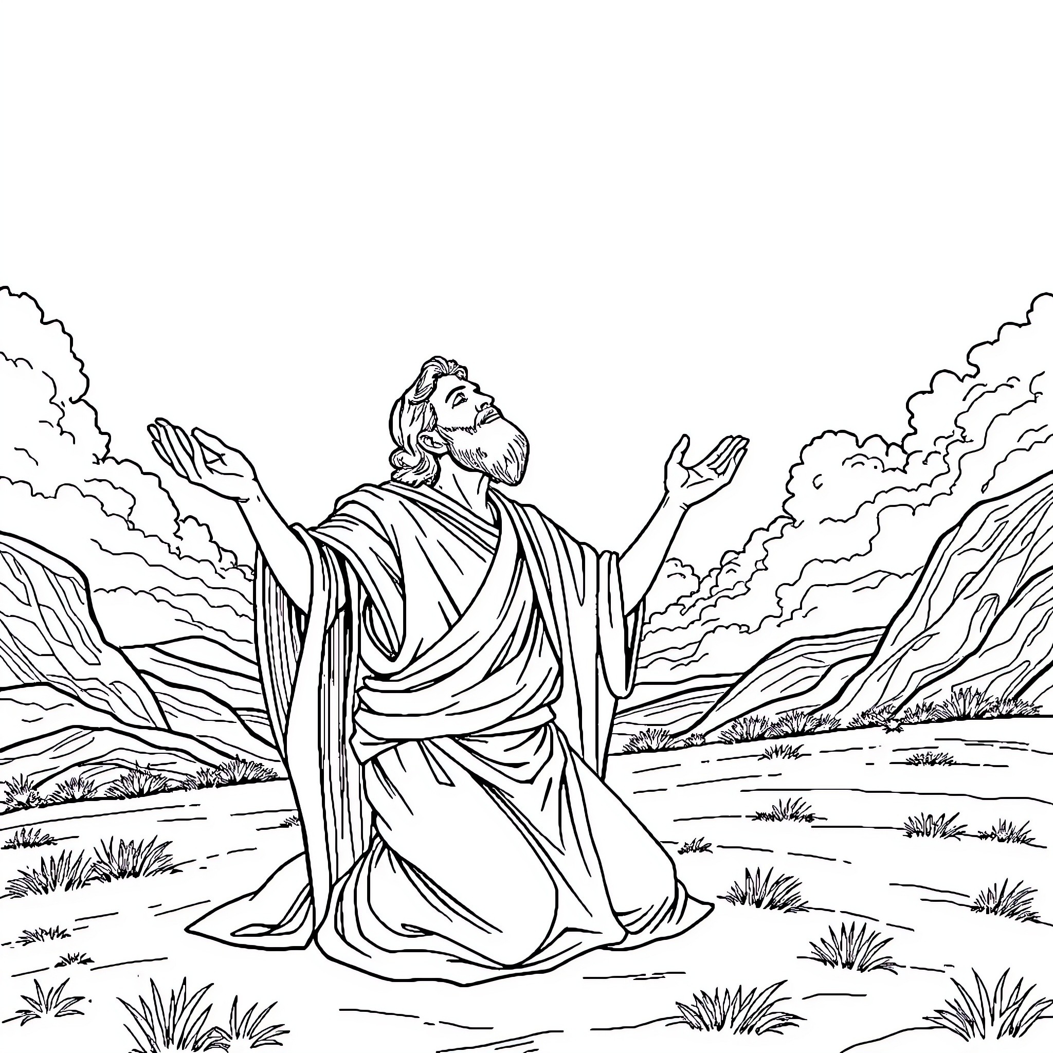 King David worshipping in the wilderness Coloring Page (free black-and-white line drawing printable PDF for all, from beginners to advanced learners, including children, teens, adults, and seniors)