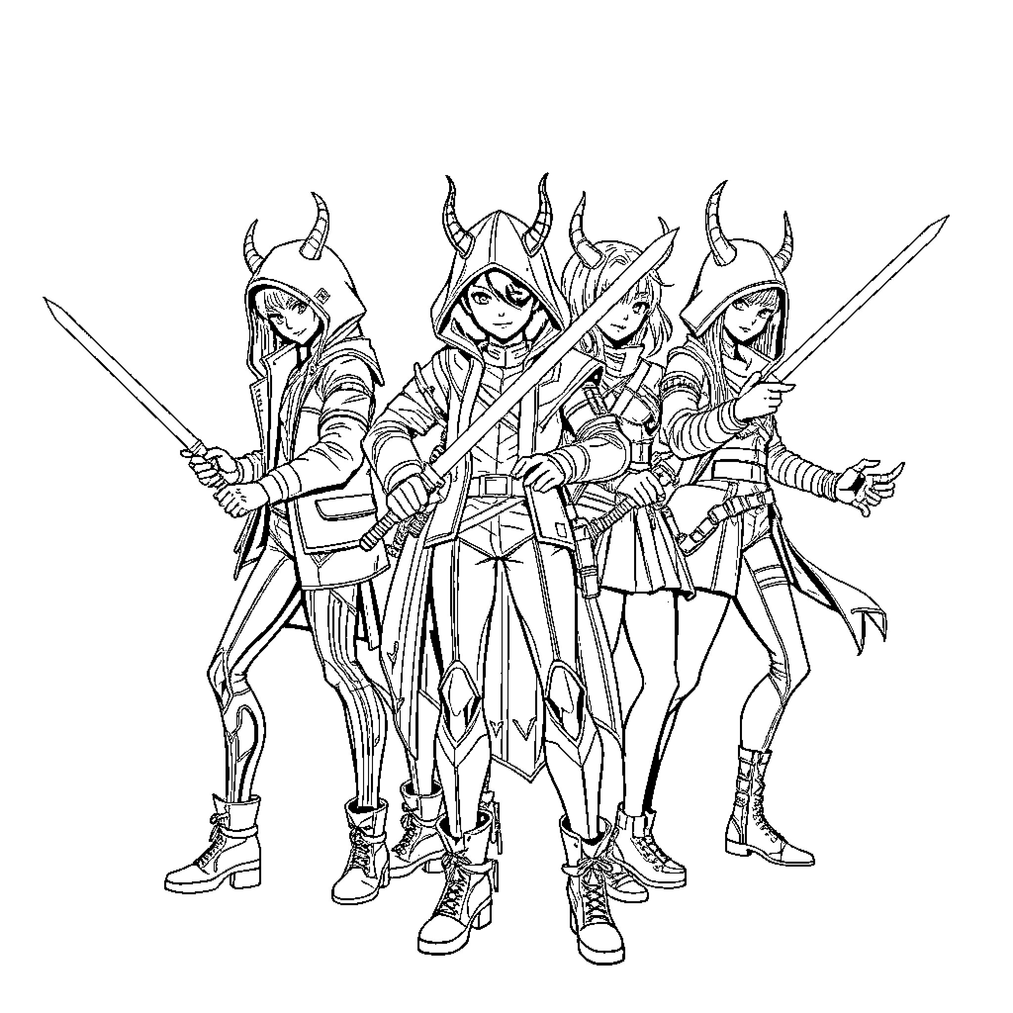 Demon Hunters in Fierce Battle Attire Coloring Page (free black-and-white line drawing printable PDF for all, from beginners to advanced learners, including children, teens, adults, and seniors)