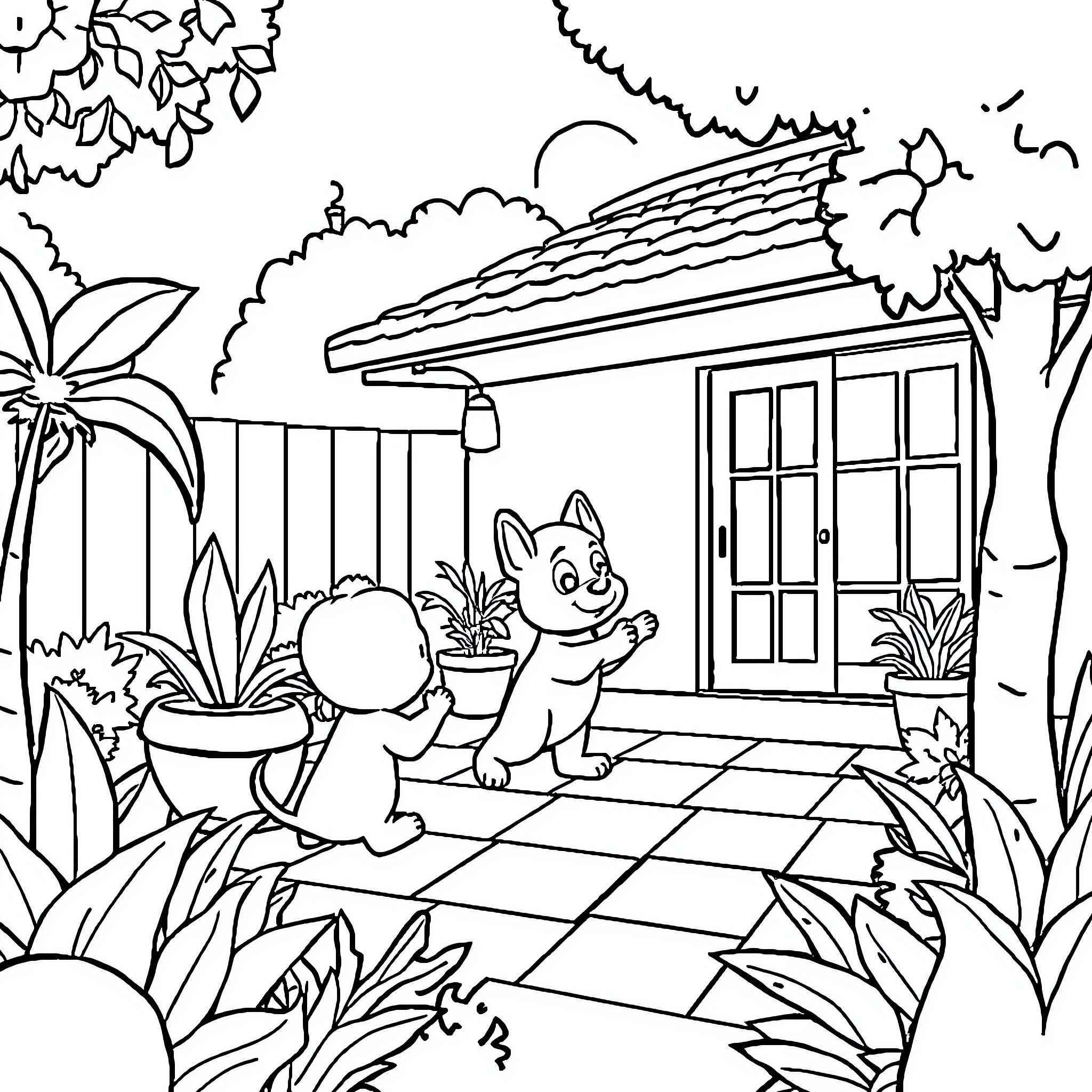 Bluey playing in a lush backyard Coloring Page (free black-and-white line drawing printable PDF for all, from beginners to advanced learners, including children, teens, adults, and seniors)