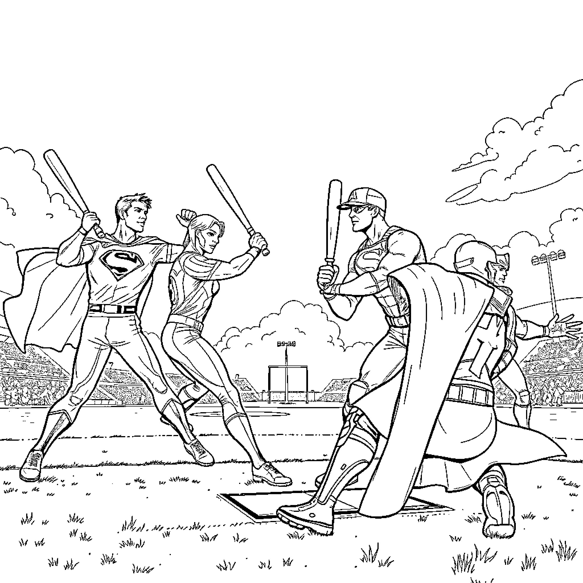 Justice League Baseball Heroes in Action Coloring Page (free black-and-white line drawing printable PDF for all, from beginners to advanced learners, including children, teens, adults, and seniors)