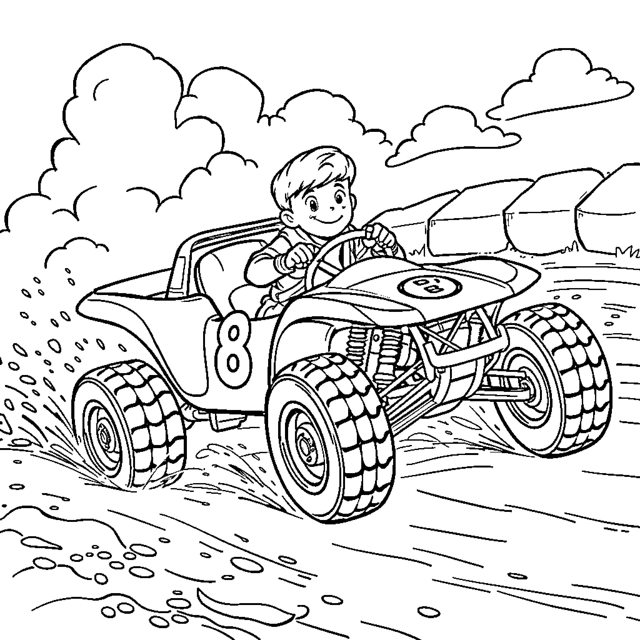 Boy driving off-road vehicle through rugged terrain Coloring Page (free black-and-white line drawing printable PDF for all, from beginners to advanced learners, including children, teens, adults, and seniors)