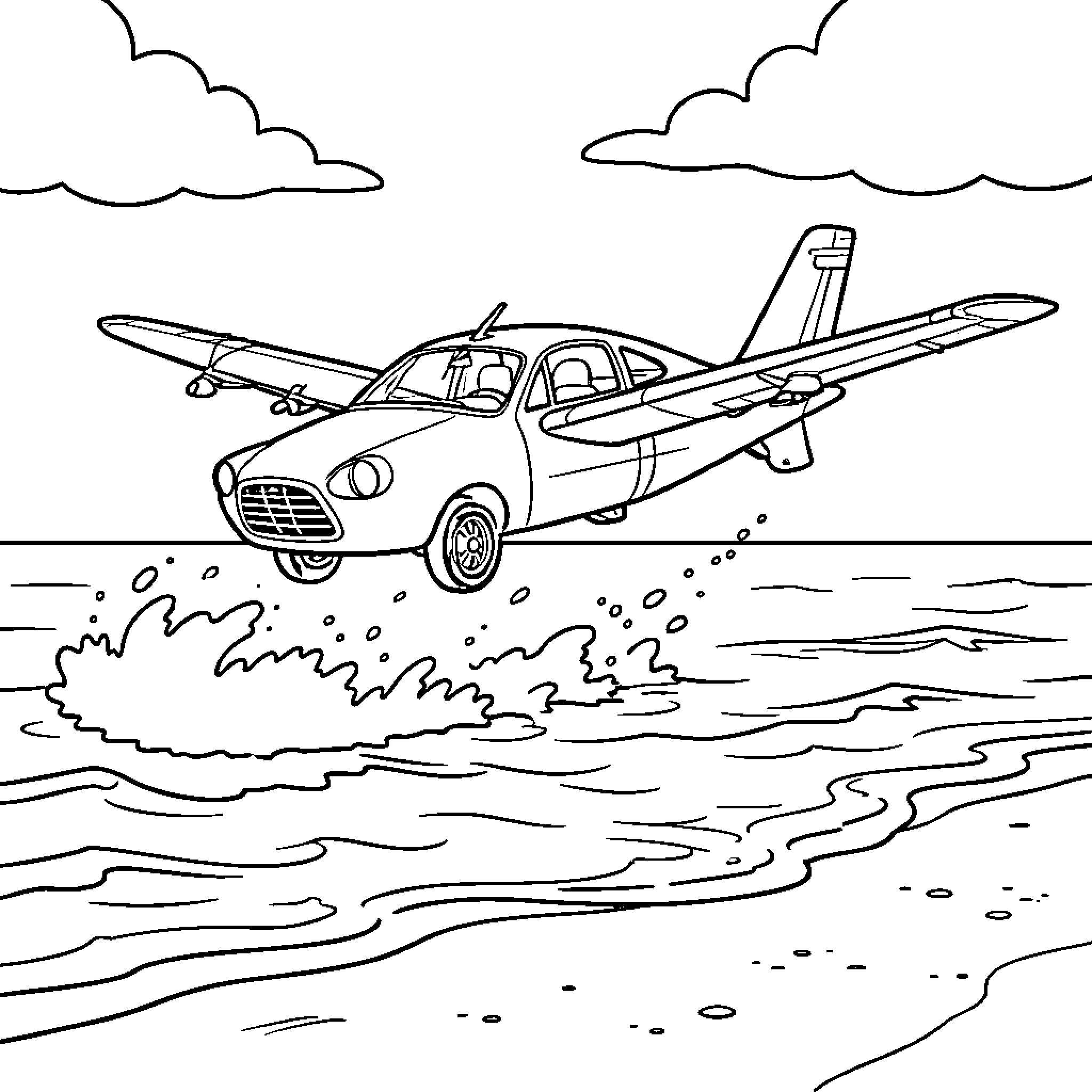 Voiture Avion taking off from the ocean waves Coloring Page (free black-and-white line drawing printable PDF for all, from beginners to advanced learners, including children, teens, adults, and seniors)