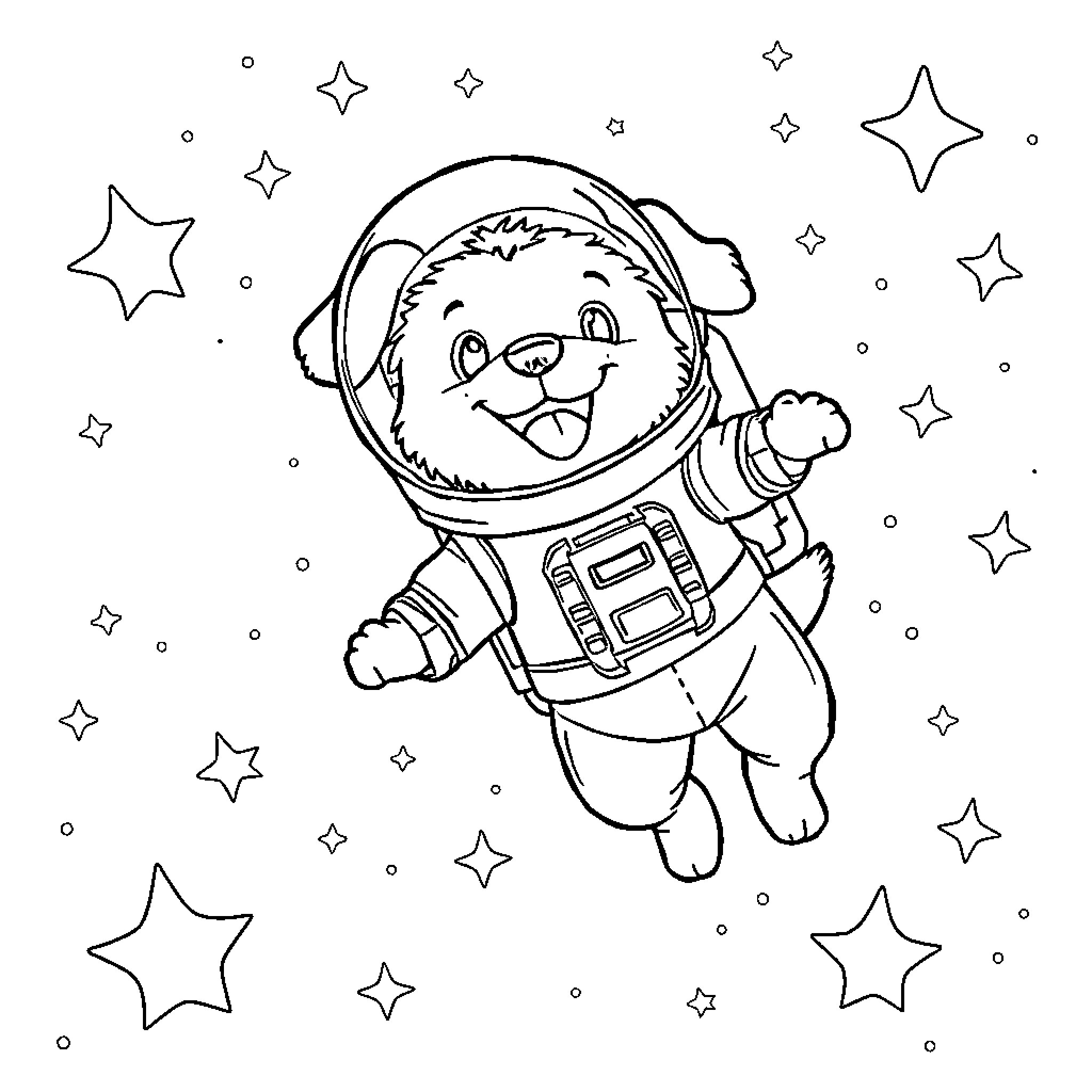 Dog astronaut exploring the starry night Coloring Page (free black-and-white line drawing printable PDF for all, from beginners to advanced learners, including children, teens, adults, and seniors)