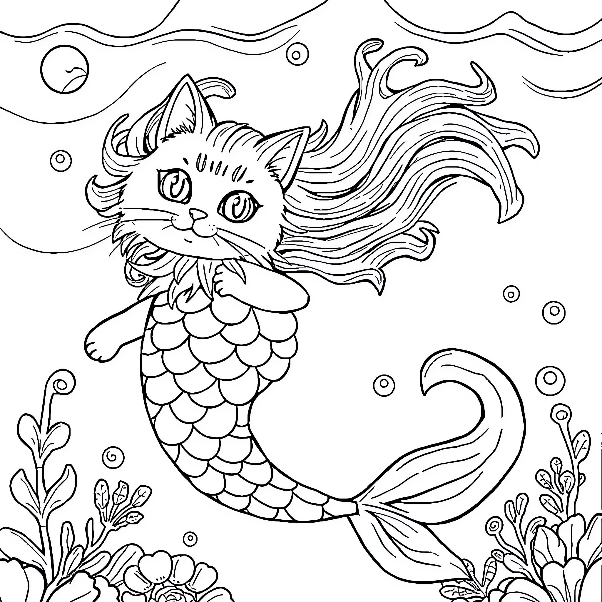 Cat Mermaid swimming in the ocean Coloring Page (free black-and-white line drawing printable PDF for all, from beginners to advanced learners, including children, teens, adults, and seniors)