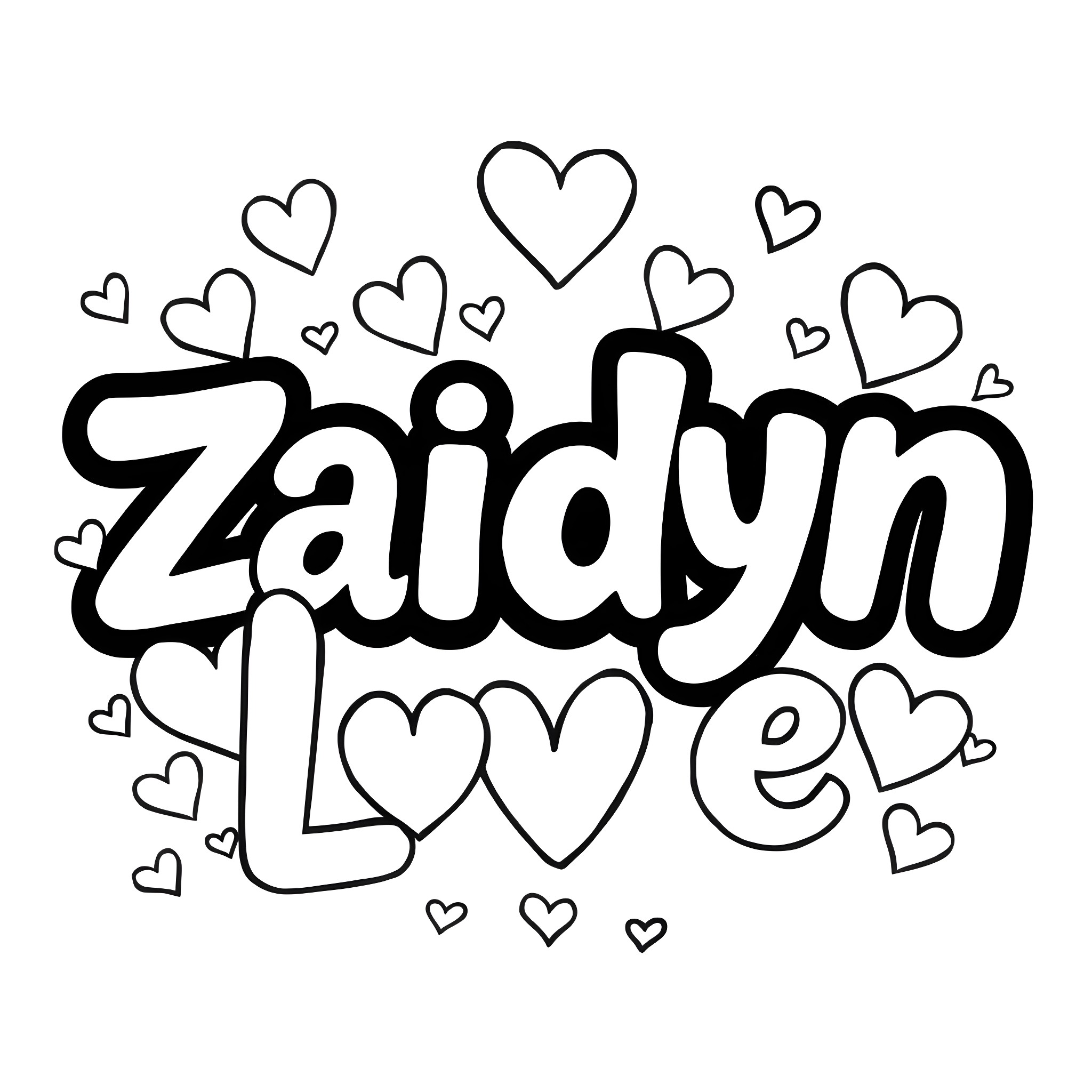 Zaidyn's love and hearts Coloring Page (free black-and-white line drawing printable PDF for all, from beginners to advanced learners, including children, teens, adults, and seniors)