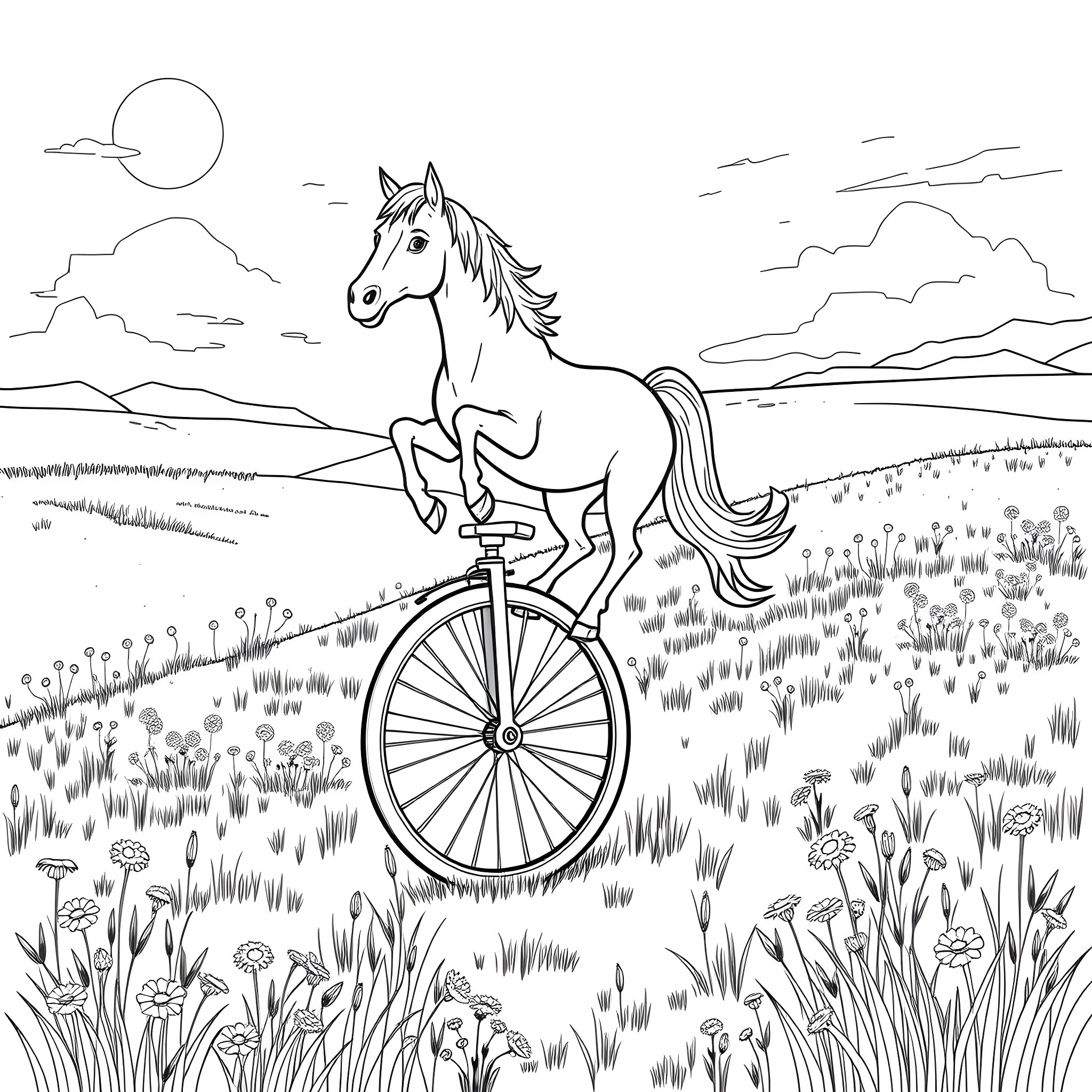 Horse riding a bicycle in a meadow Coloring Page (free black-and-white line drawing printable PDF for all, from beginners to advanced learners, including children, teens, adults, and seniors)