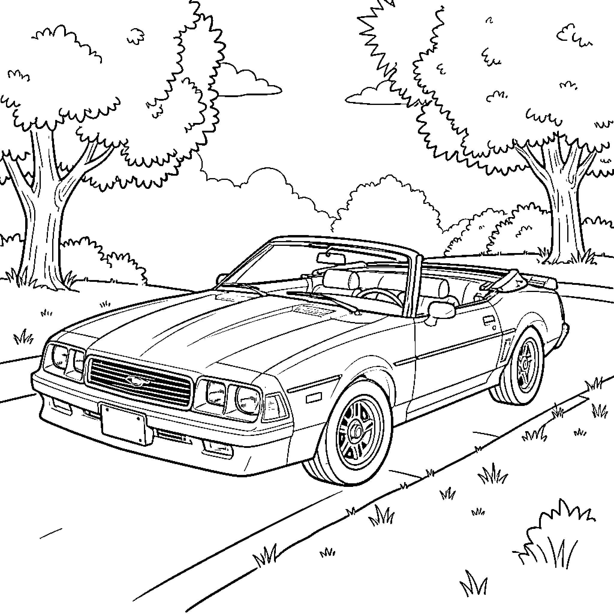 Mustang convertible in a serene outdoor setting Coloring Page (free black-and-white line drawing printable PDF for all, from beginners to advanced learners, including children, teens, adults, and seniors)