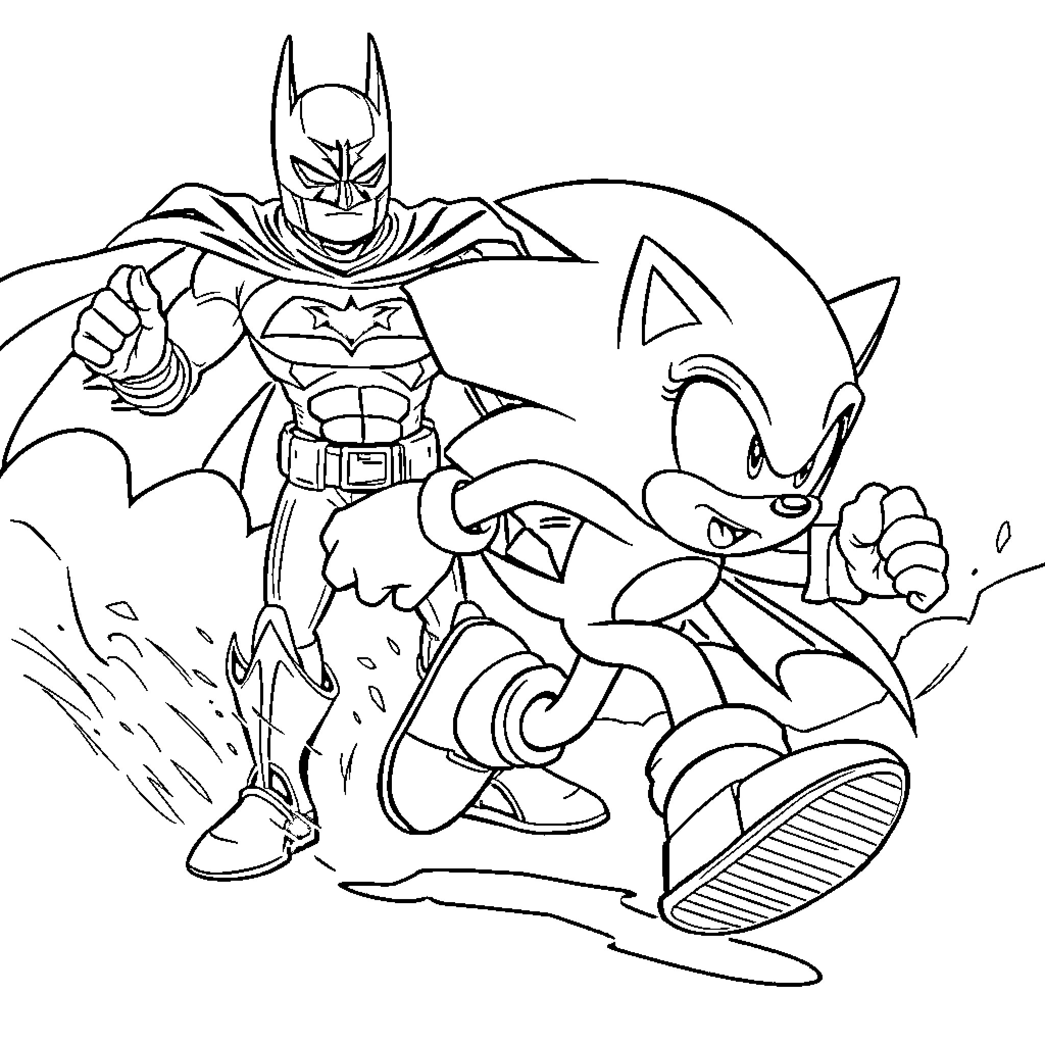 Sonic and Batman's Heroic Team-Up Adventure Coloring Page (free black-and-white line drawing printable PDF for all, from beginners to advanced learners, including children, teens, adults, and seniors)
