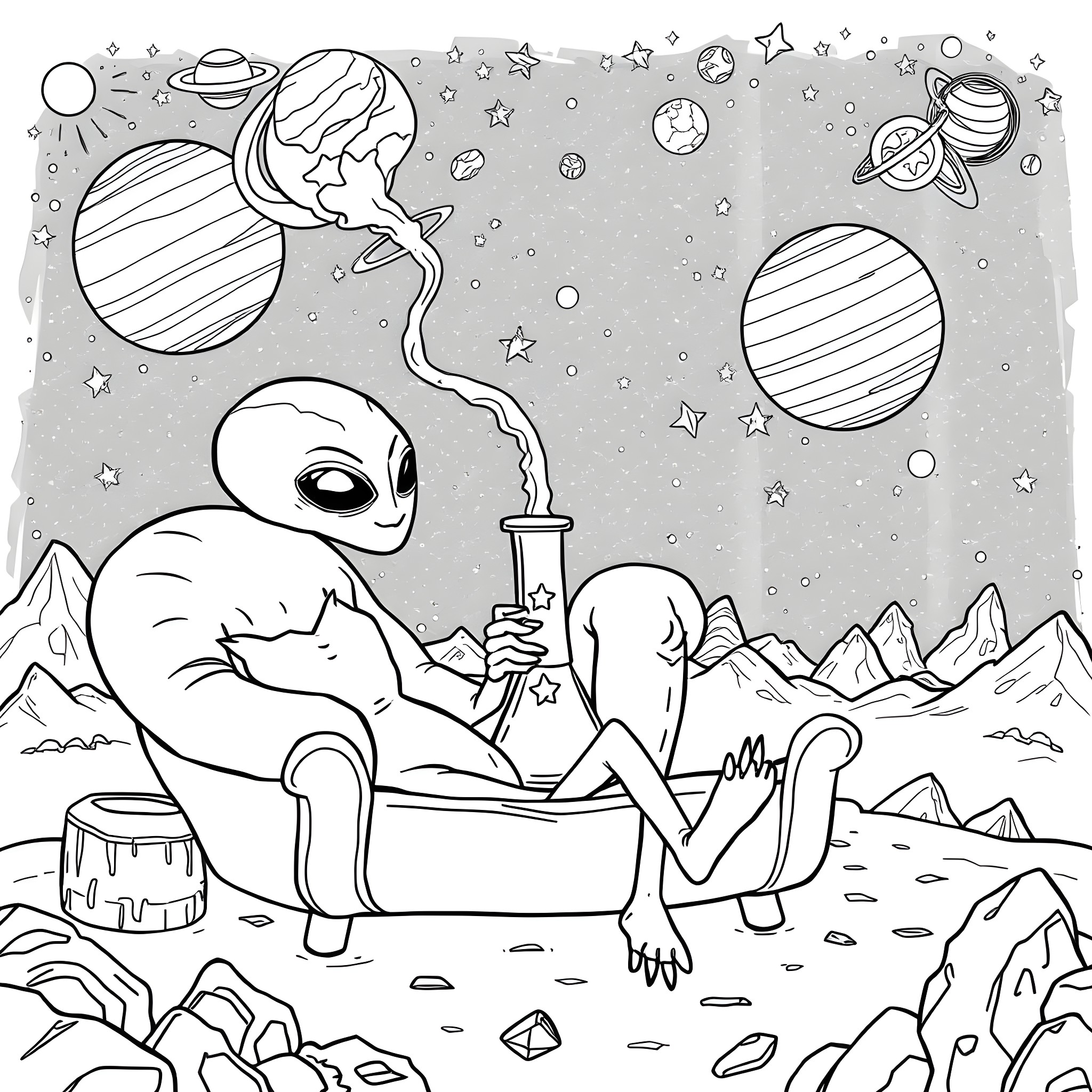 Alien relaxing in a cosmic landscape Coloring Page (free black-and-white line drawing printable PDF for all, from beginners to advanced learners, including children, teens, adults, and seniors)