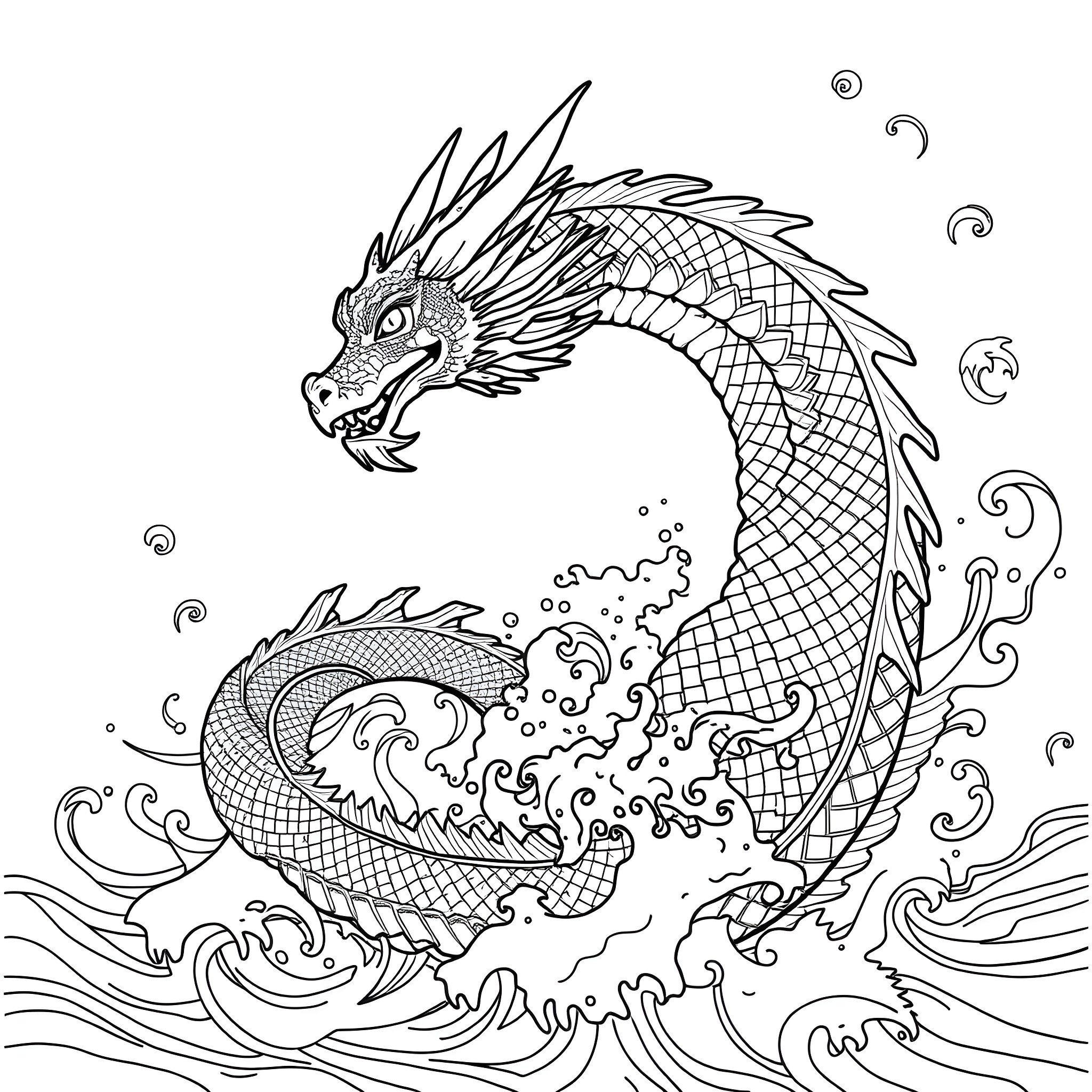 Sea Dragon swimming through waves Coloring Page (free black-and-white line drawing printable PDF for all, from beginners to advanced learners, including children, teens, adults, and seniors)