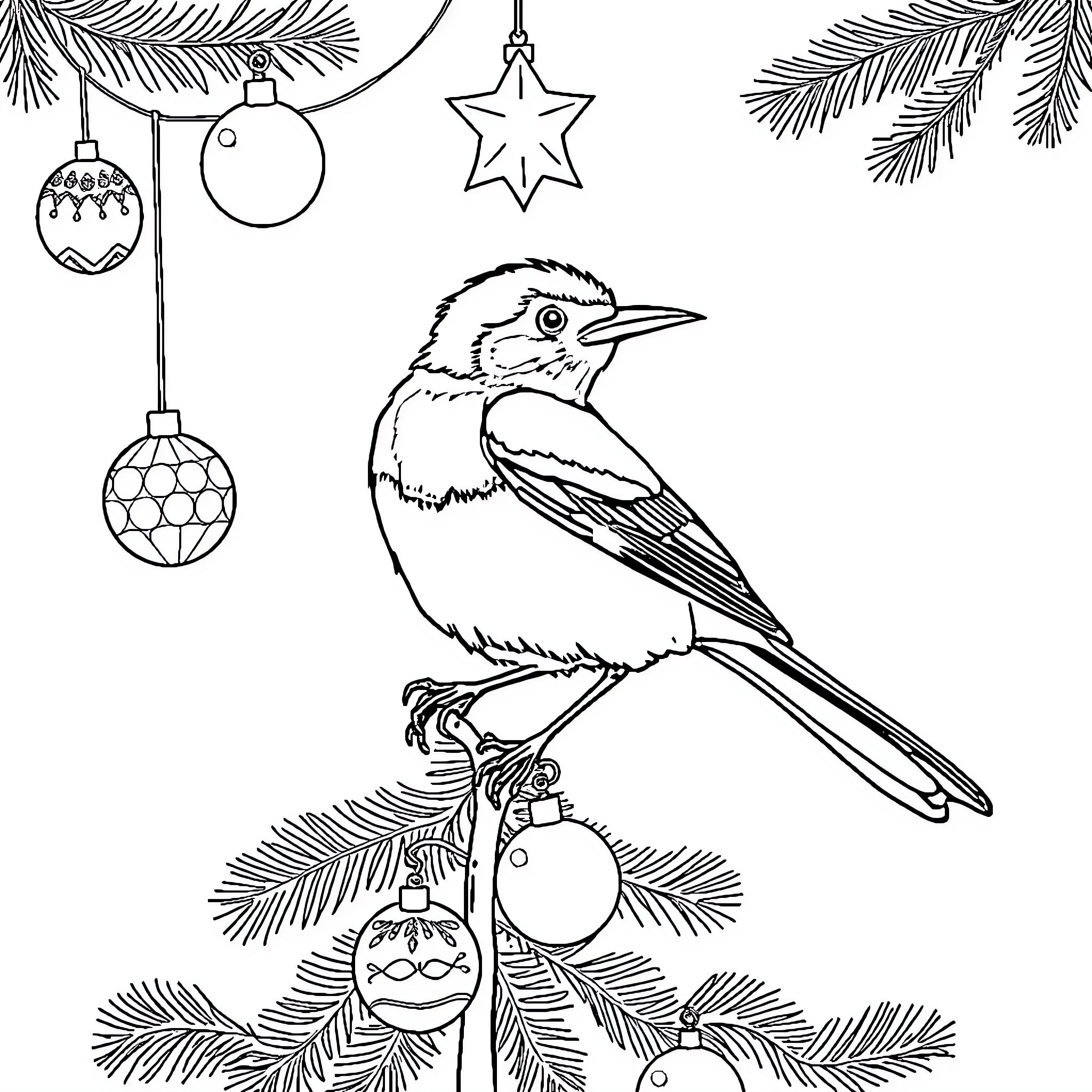 Australian Magpie perched on a Christmas tree branch Coloring Page (free black-and-white line drawing printable PDF for all, from beginners to advanced learners, including children, teens, adults, and seniors)