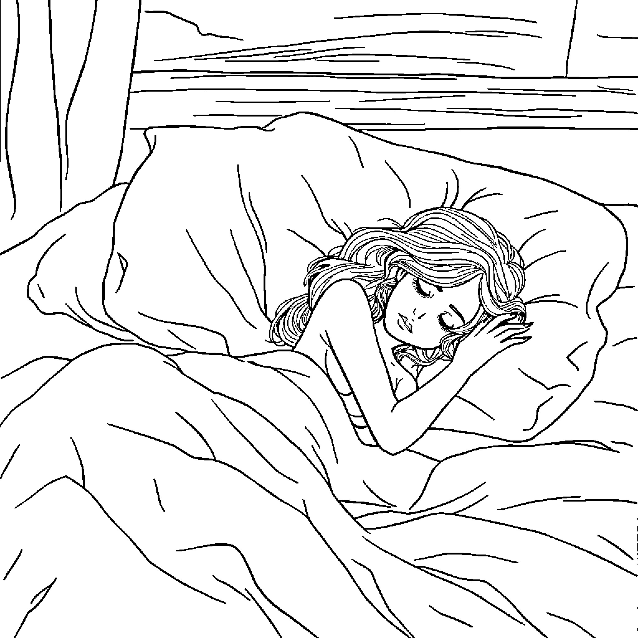 Woman resting peacefully in serene landscape Coloring Page (free black-and-white line drawing printable PDF for all, from beginners to advanced learners, including children, teens, adults, and seniors)