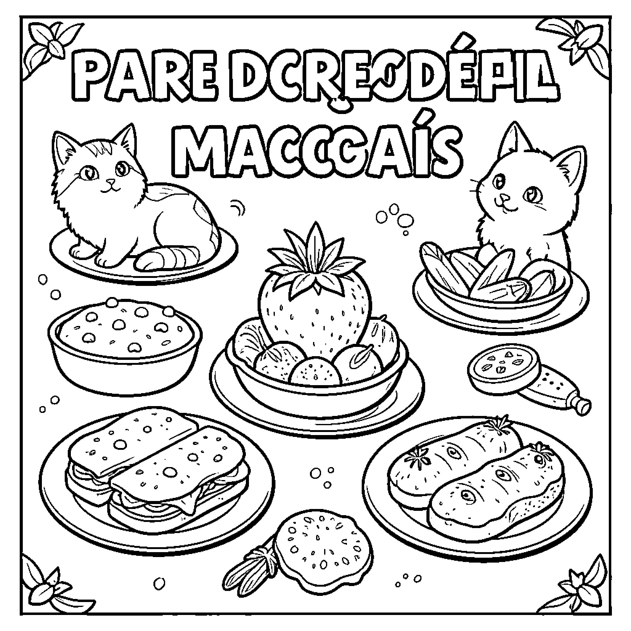 Pet Food scene with cats and various dishes Coloring Page (free black-and-white line drawing printable PDF for all, from beginners to advanced learners, including children, teens, adults, and seniors)
